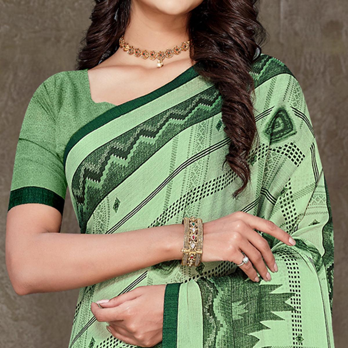 Green Geometric Printed Chiffon Saree With Tassels - Peachmode
