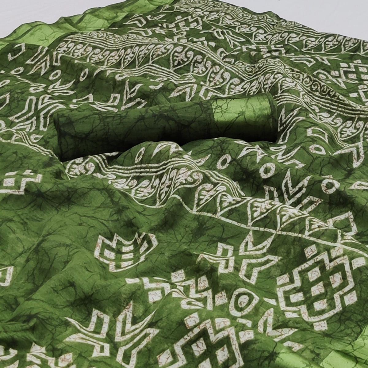 Green Geometric Printed Linen Saree - Peachmode