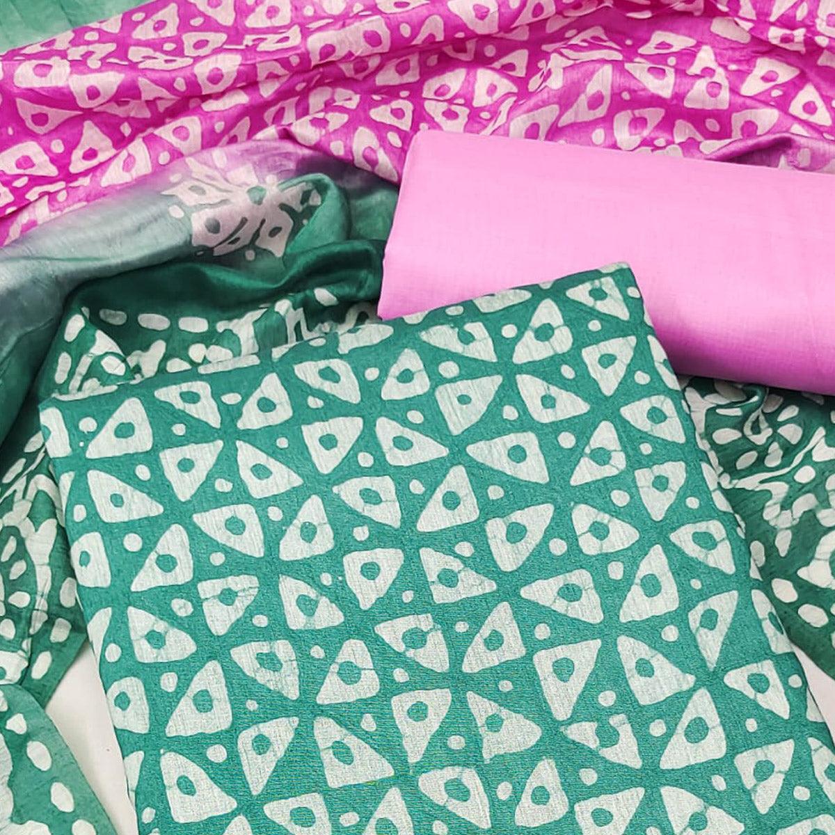 Green Geometric Printed Pure Cotton Dress Material - Peachmode