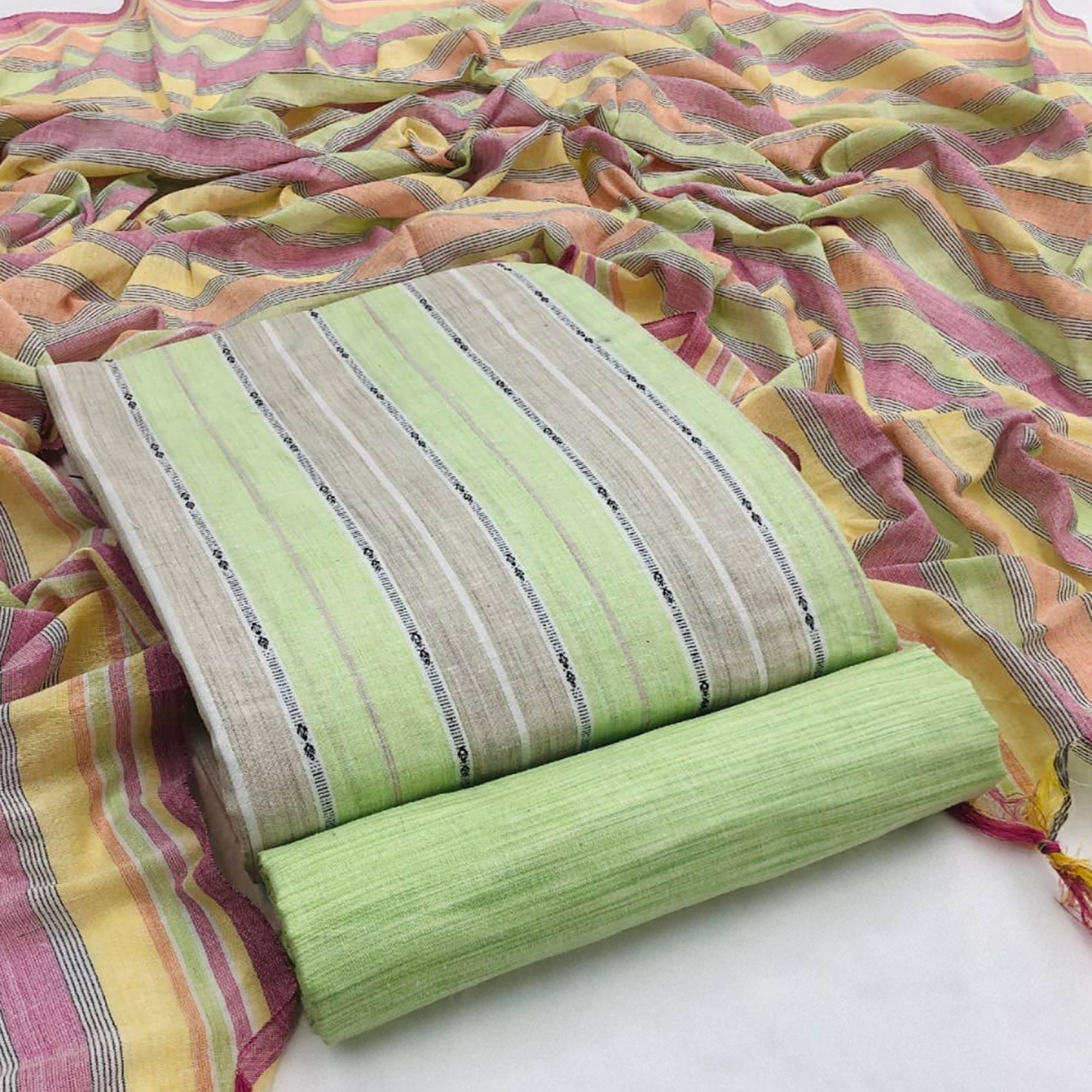 Green-Grey Embroidered Pure Cotton Dress Material - Peachmode