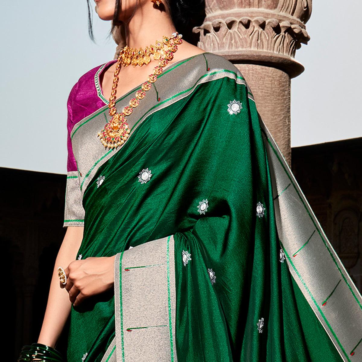 Green-Grey Festive Wear Floral Woven Silk Saree - Peachmode