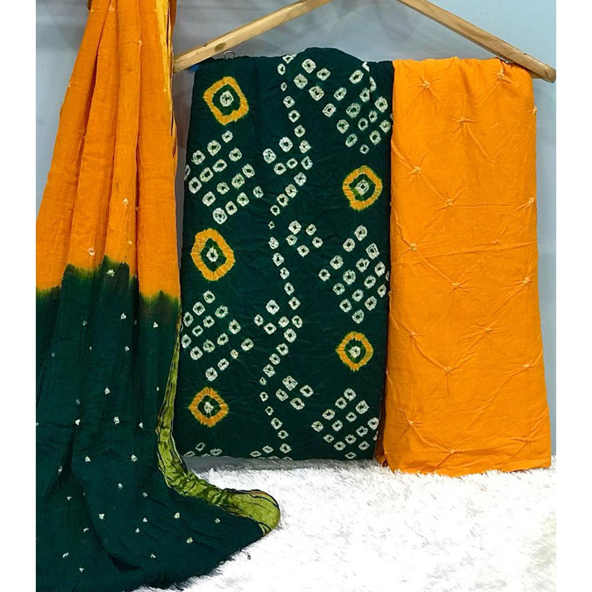 Green Hand Bandhani Printed Pure Cotton Dress Material - Peachmode