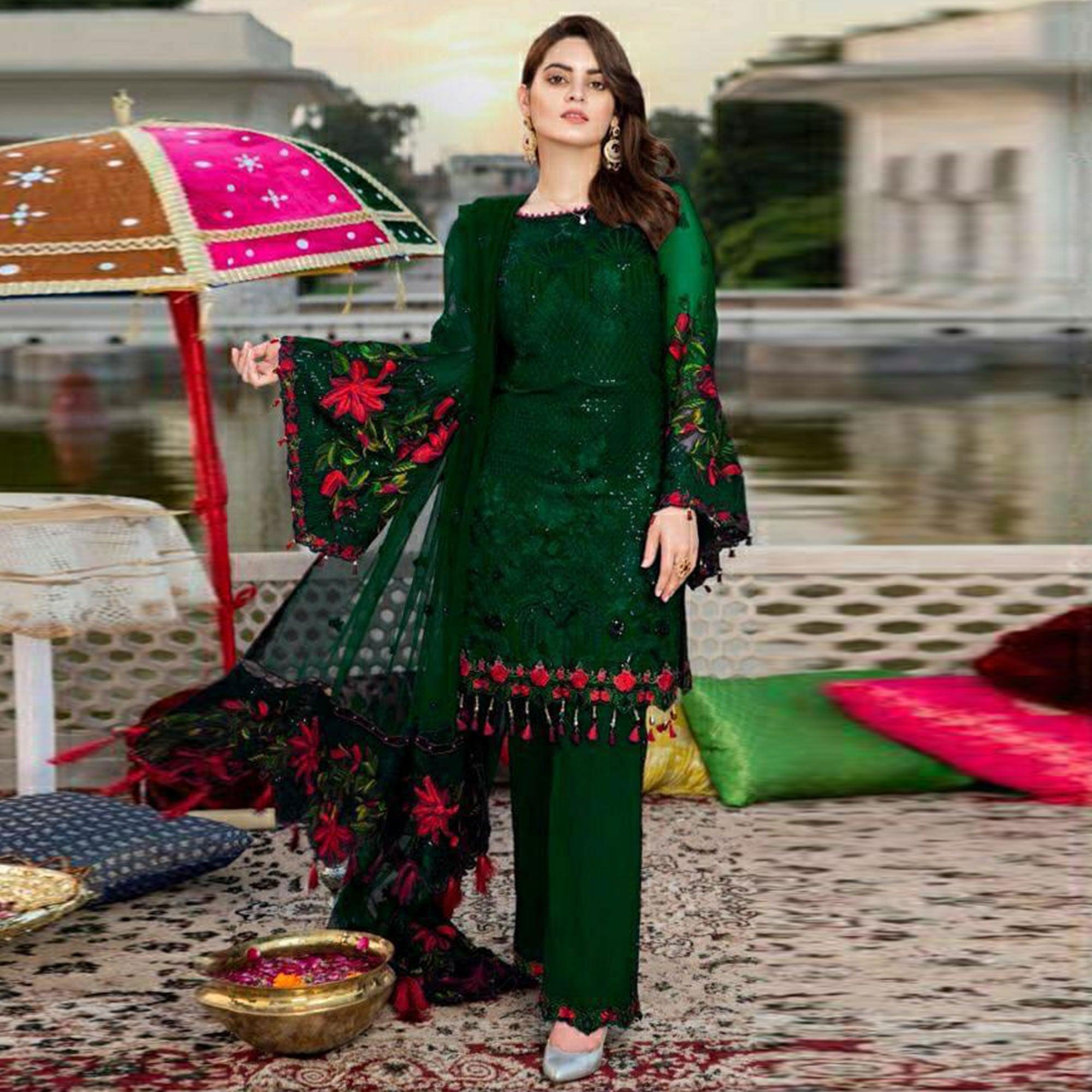 Green Heavy Floral Embroidery Work Georgette Partywear Suit - Peachmode