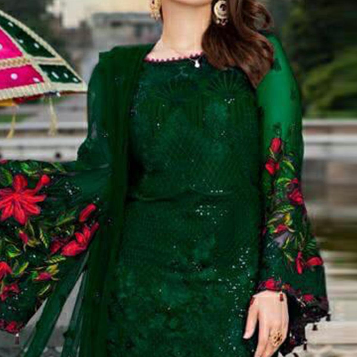 Green Heavy Floral Embroidery Work Georgette Partywear Suit - Peachmode