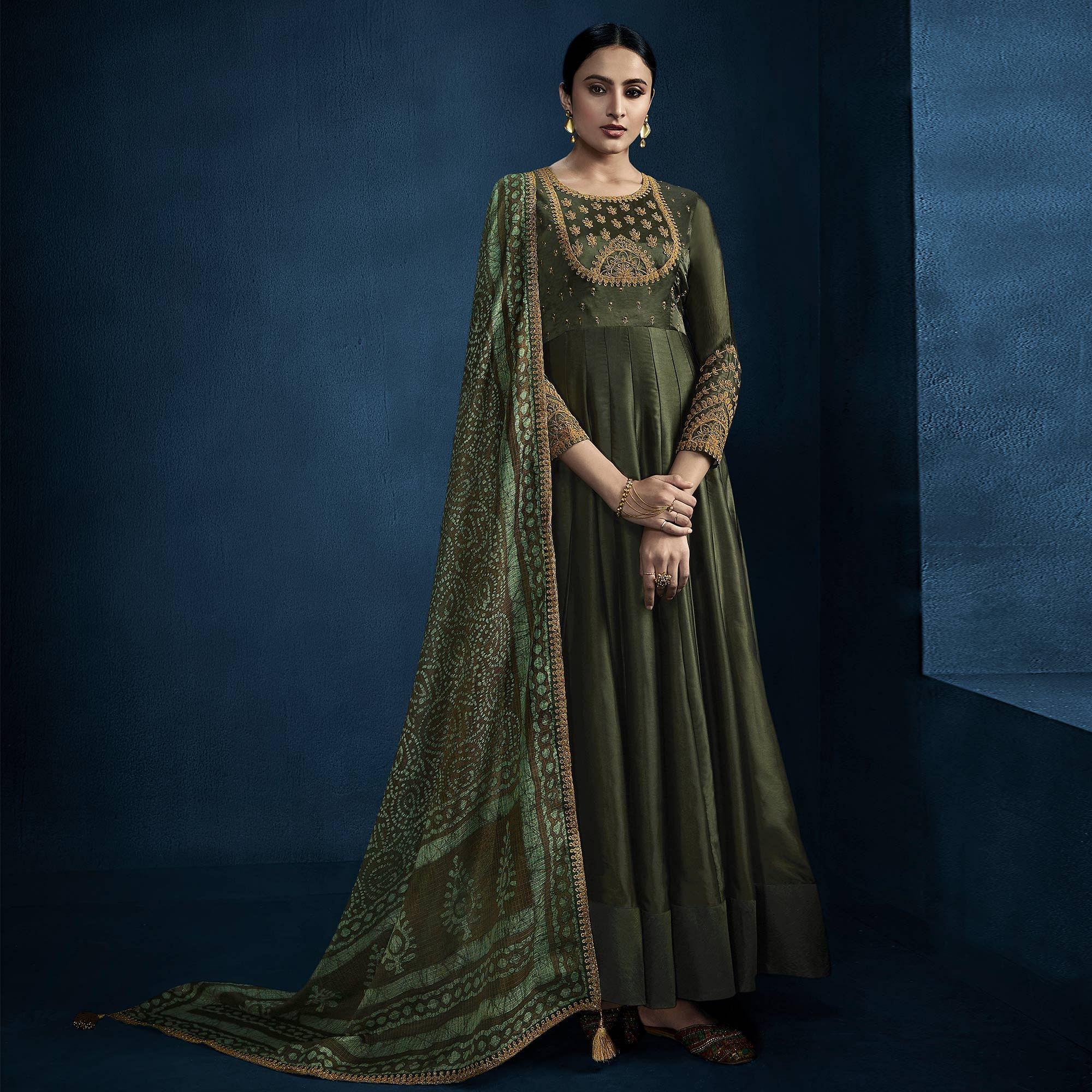 Green Heavy Work Georgette Partywear Suit - Peachmode