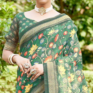 Green Kalamkari Digital Printed Linen Saree With Tassels - Peachmode