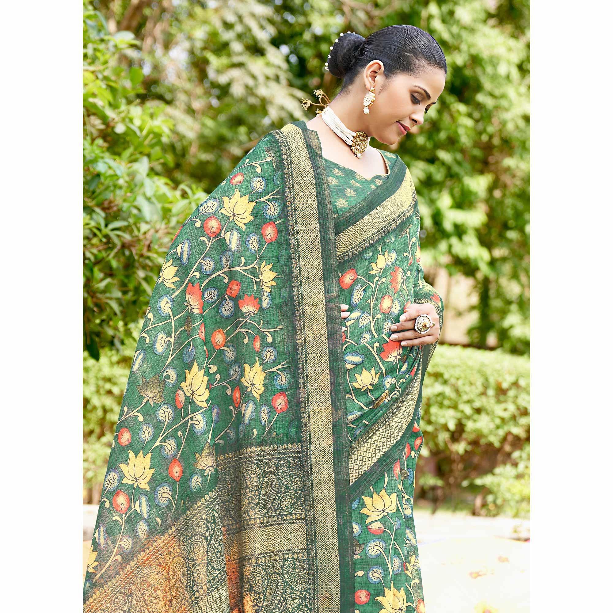 Green Kalamkari Digital Printed Linen Saree With Tassels - Peachmode