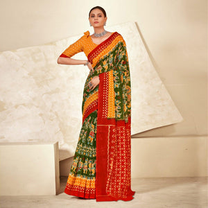 Green Kalamkari Printed Poly Cotton Saree - Peachmode