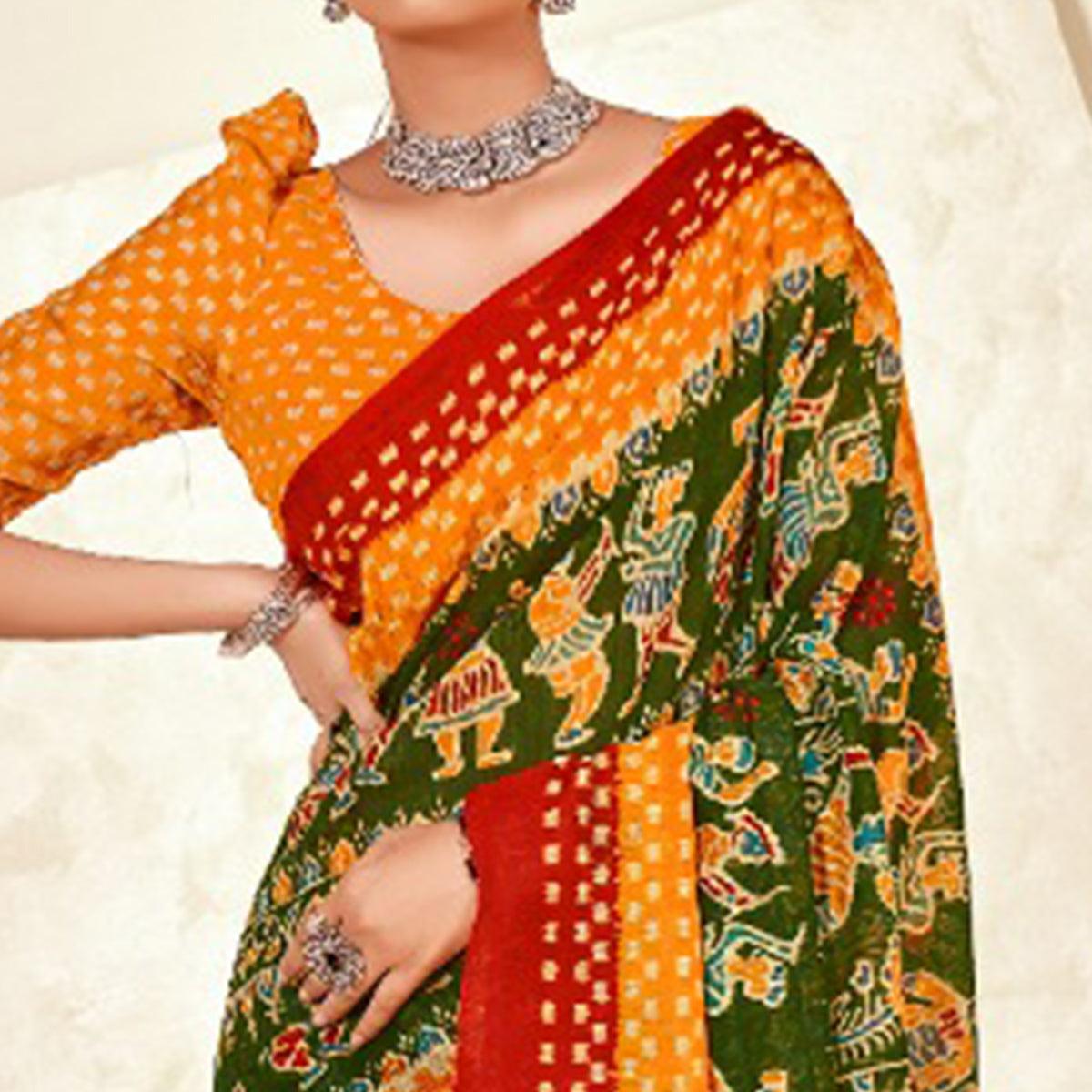 Green Kalamkari Printed Poly Cotton Saree - Peachmode