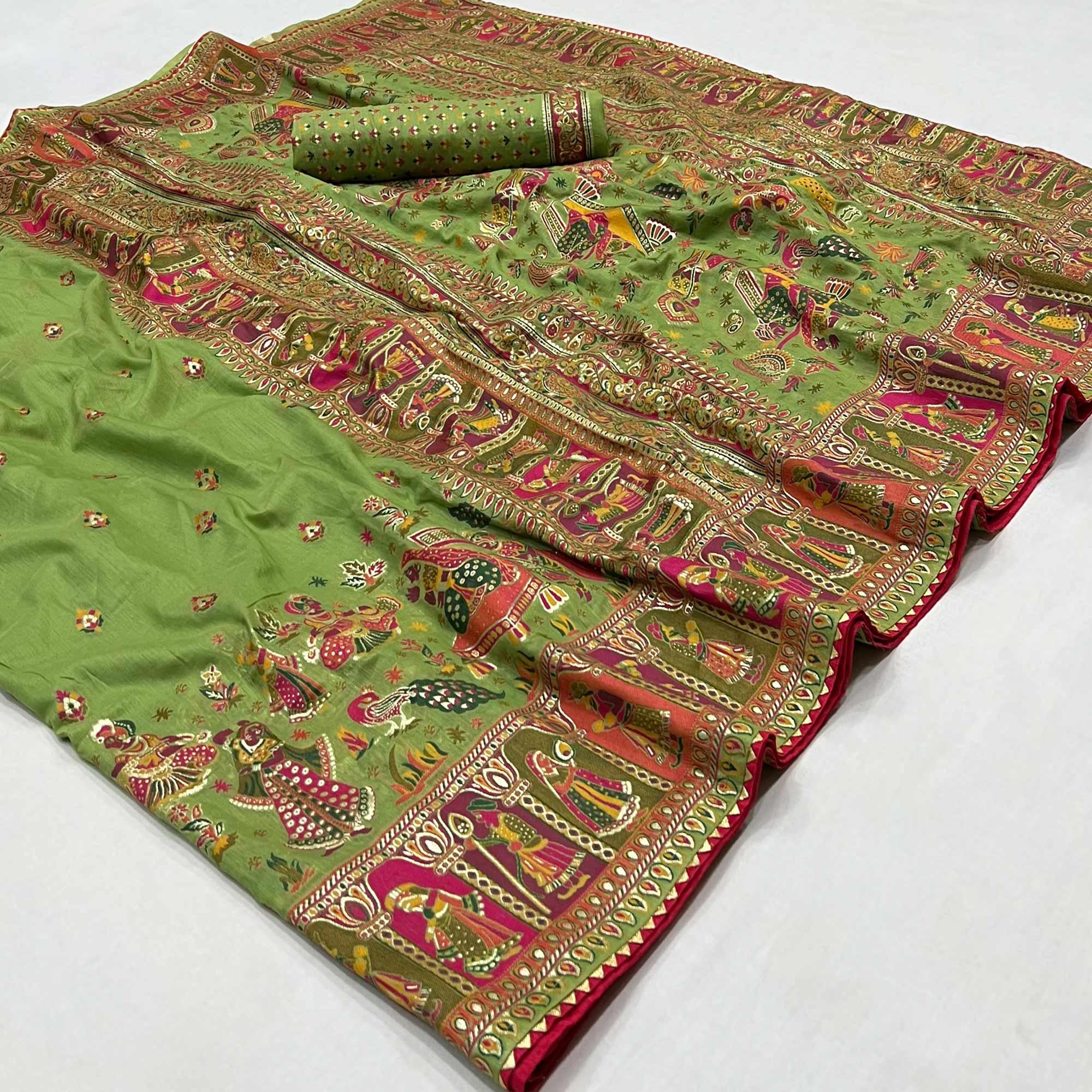 Green Kalamkari Woven Chanderi Saree - Peachmode