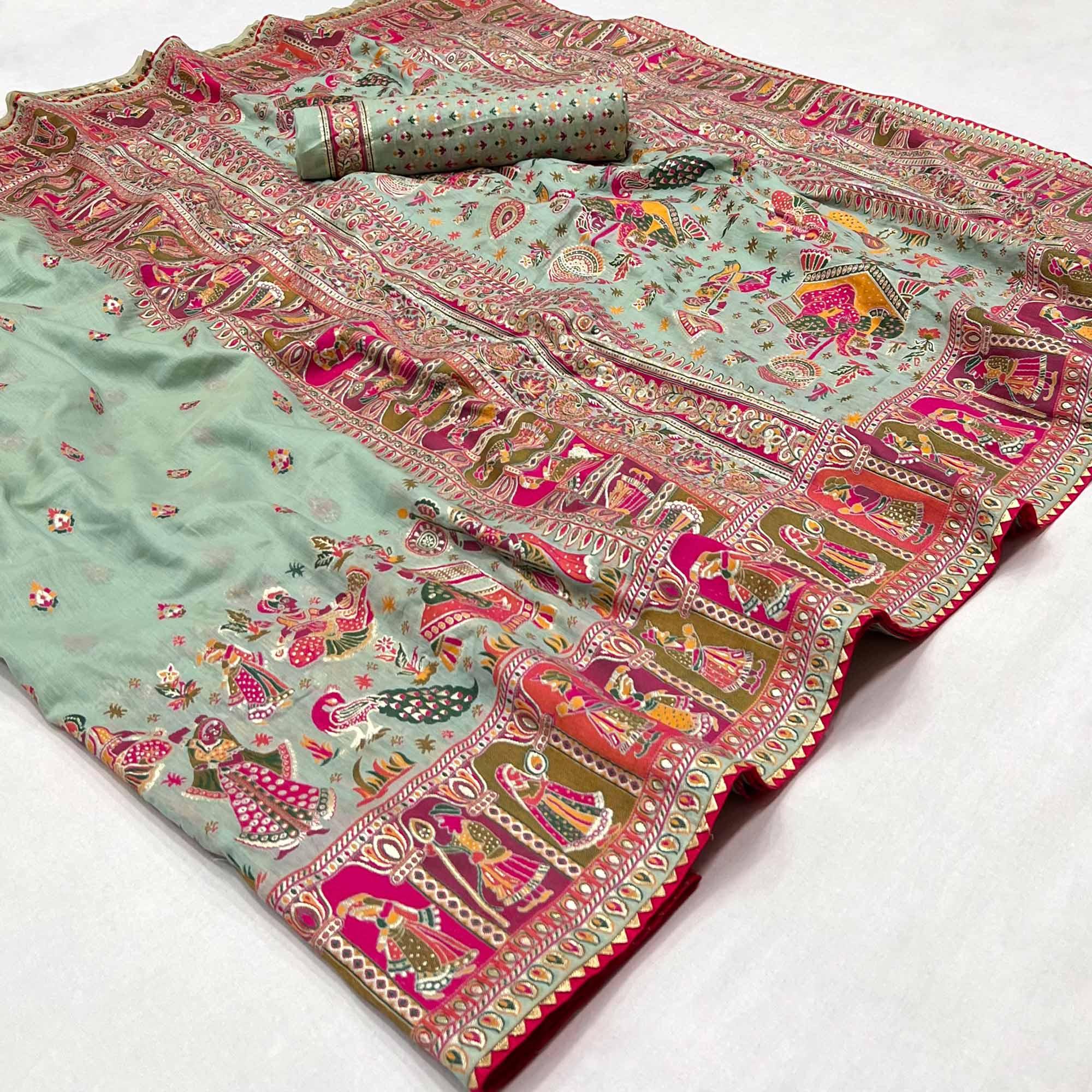 Green Kalamkari Woven Chanderi Saree - Peachmode