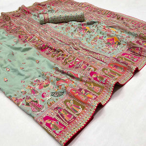 Green Kalamkari Woven Chanderi Saree - Peachmode