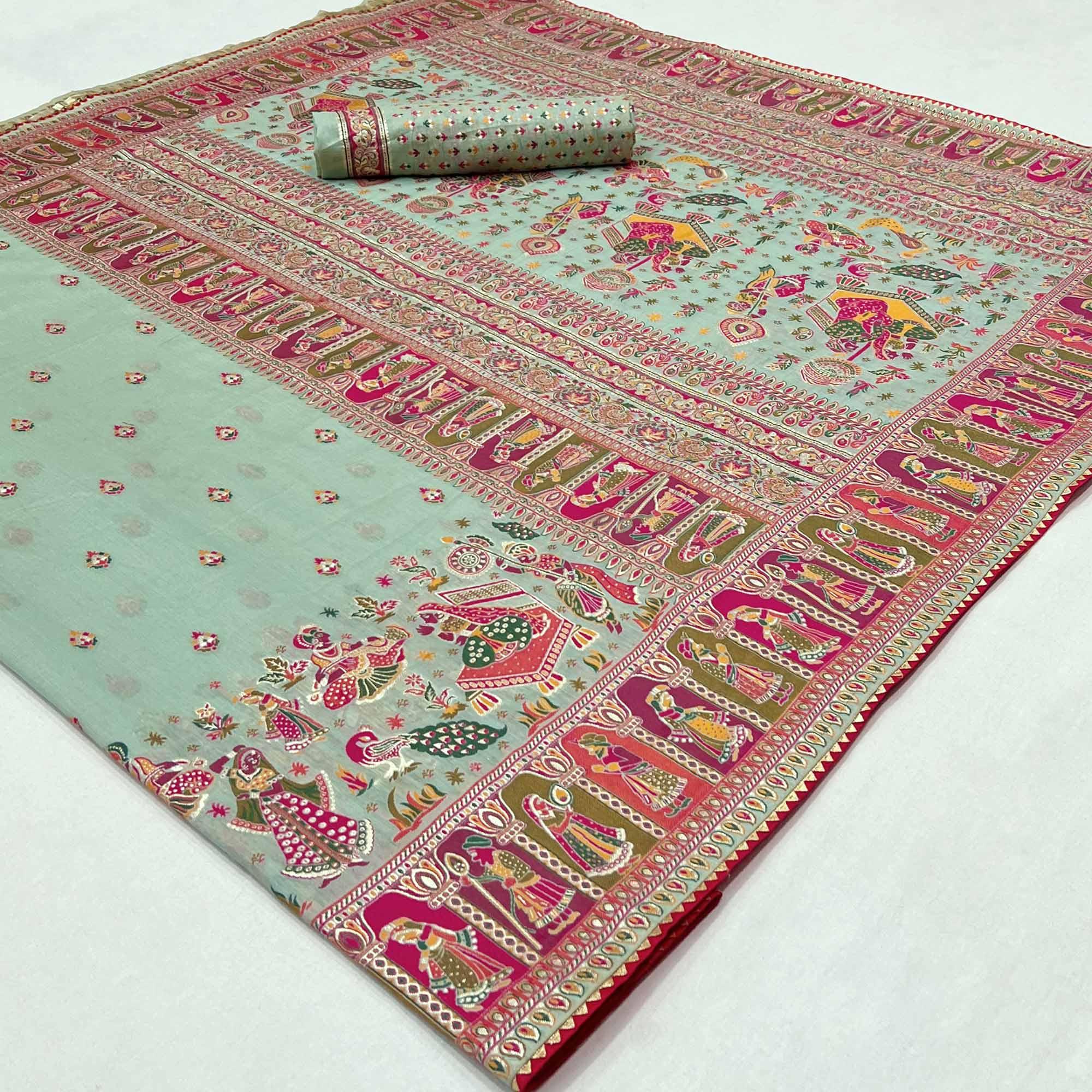 Green Kalamkari Woven Chanderi Saree - Peachmode