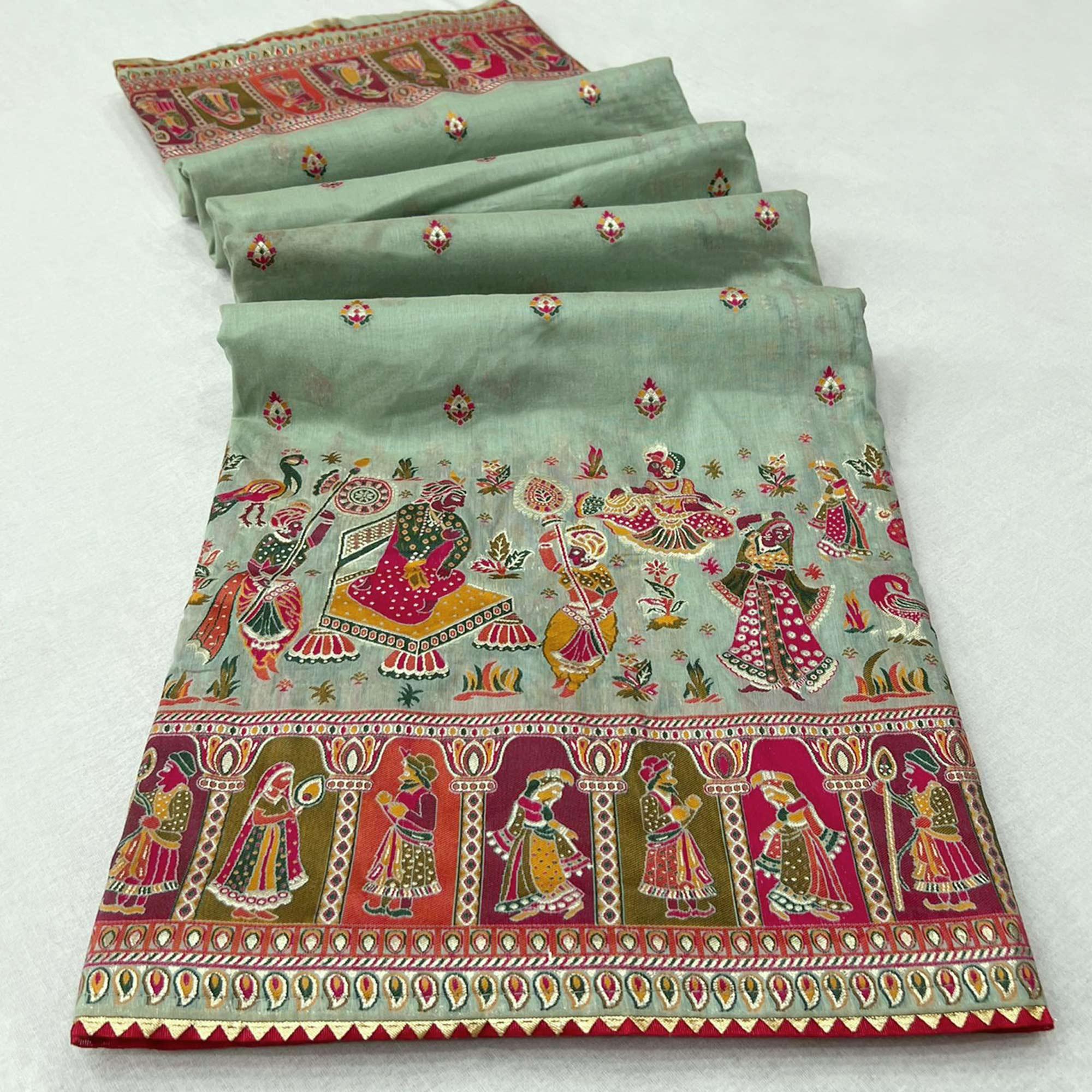 Green Kalamkari Woven Chanderi Saree - Peachmode