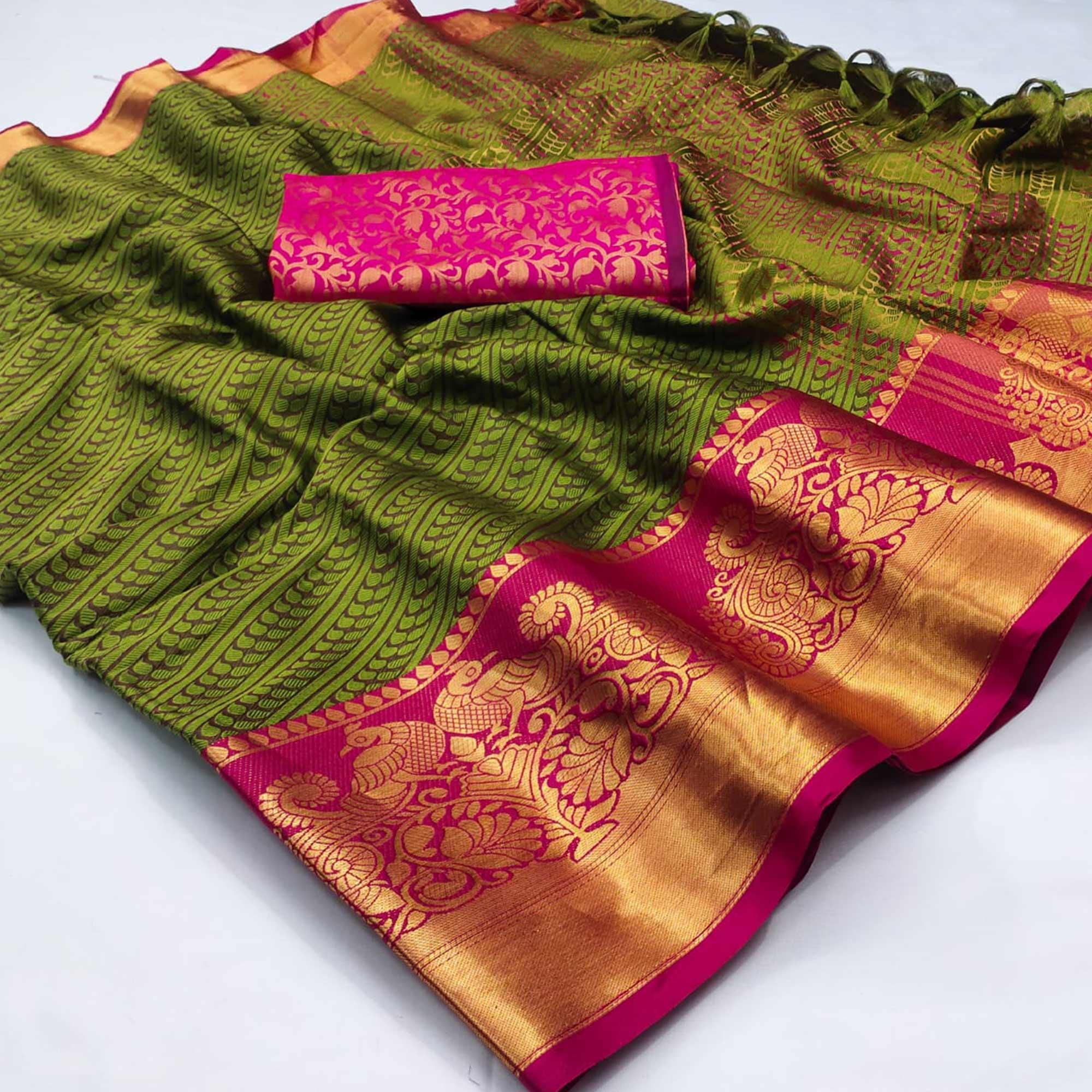Green Kalamkari Woven Cotton Silk Saree - Peachmode