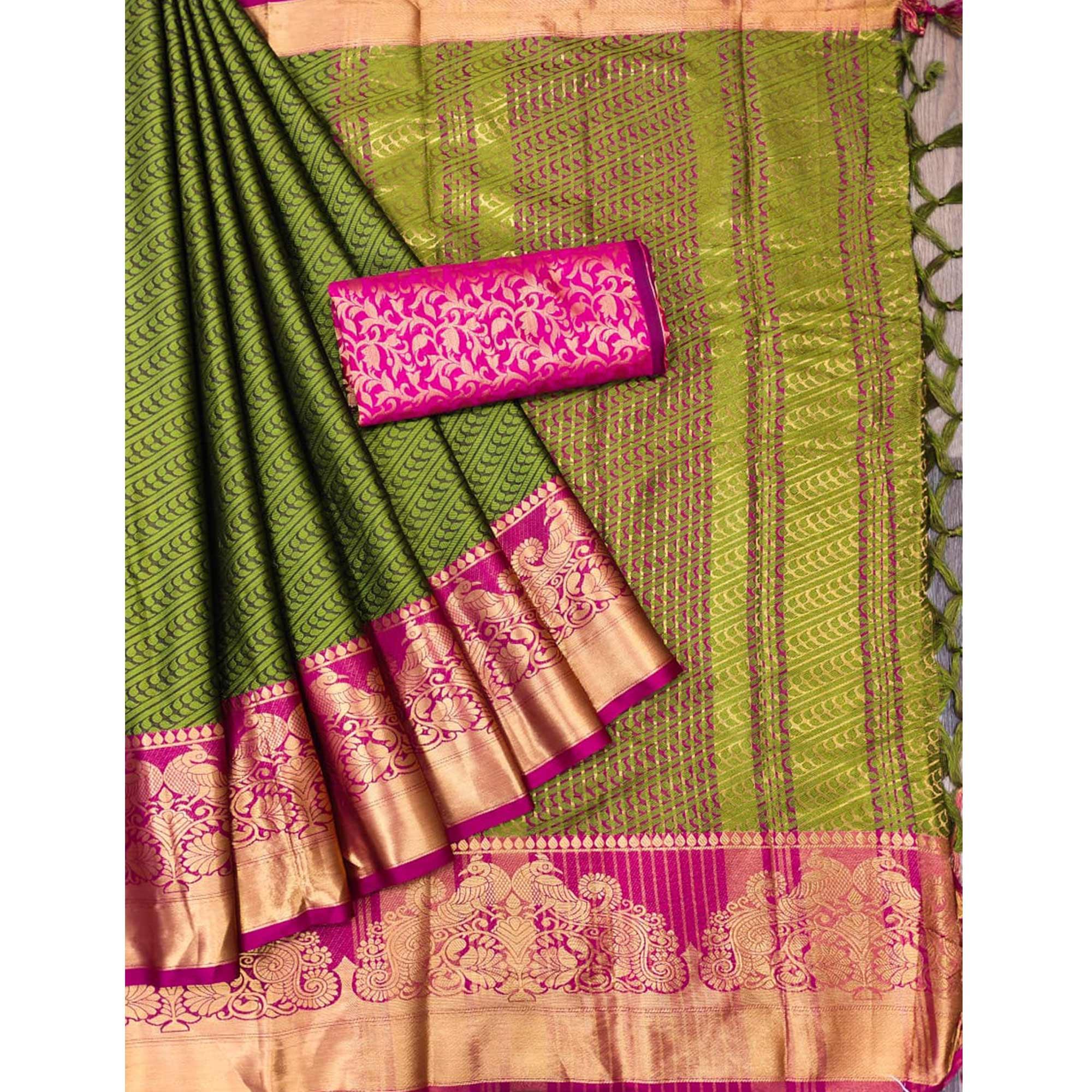 Green Kalamkari Woven Cotton Silk Saree - Peachmode