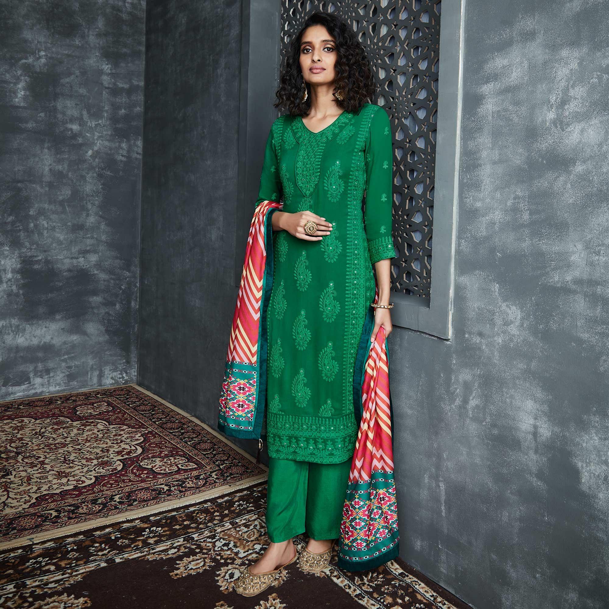 Green Lakhnavi Embroidery Georgette Kurti Pant Set - Peachmode