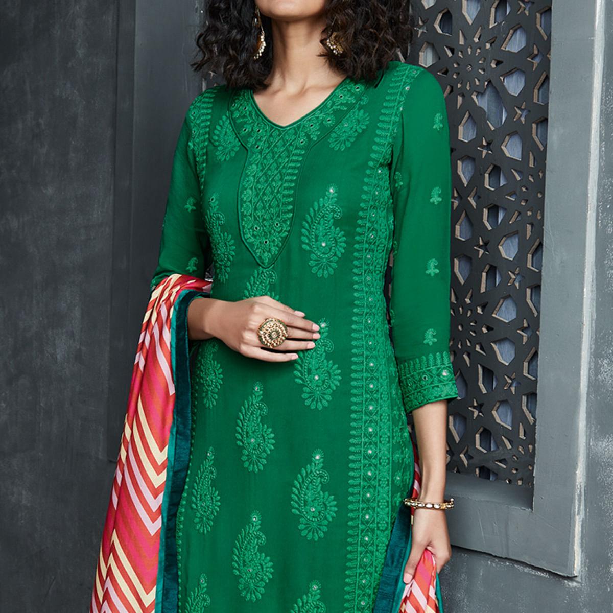 Green Lakhnavi Embroidery Georgette Kurti Pant Set - Peachmode