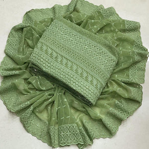 Green Lucknowi Embroidered Georgette Dress Material - Peachmode