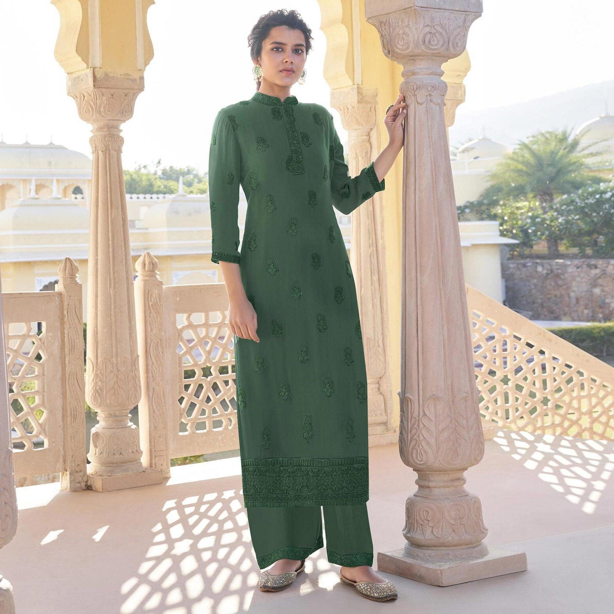 Green Lucknowi Embroidered Georgette Kurti Palazzo Set - Peachmode