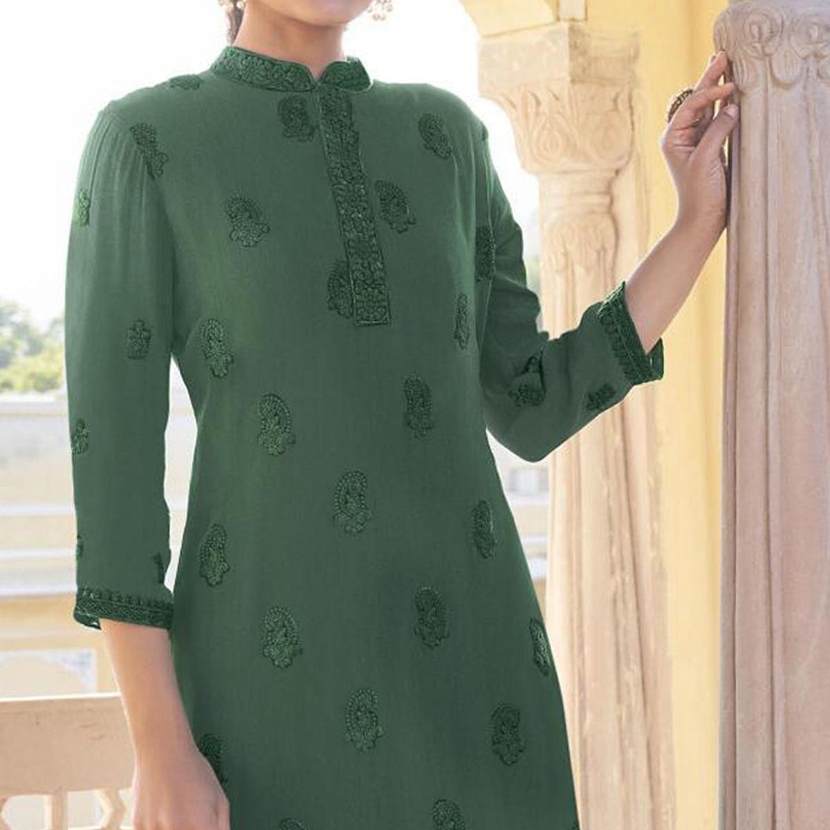 Green Lucknowi Embroidered Georgette Kurti Palazzo Set - Peachmode