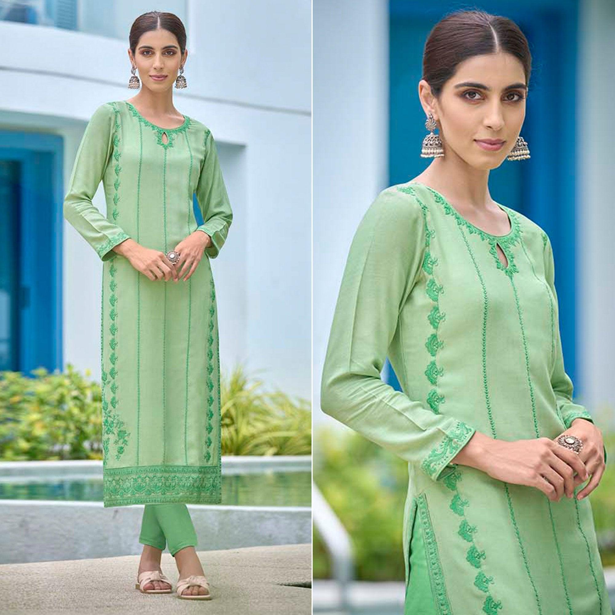Green Lucknowi Embroidered Rayon Kurti - Peachmode