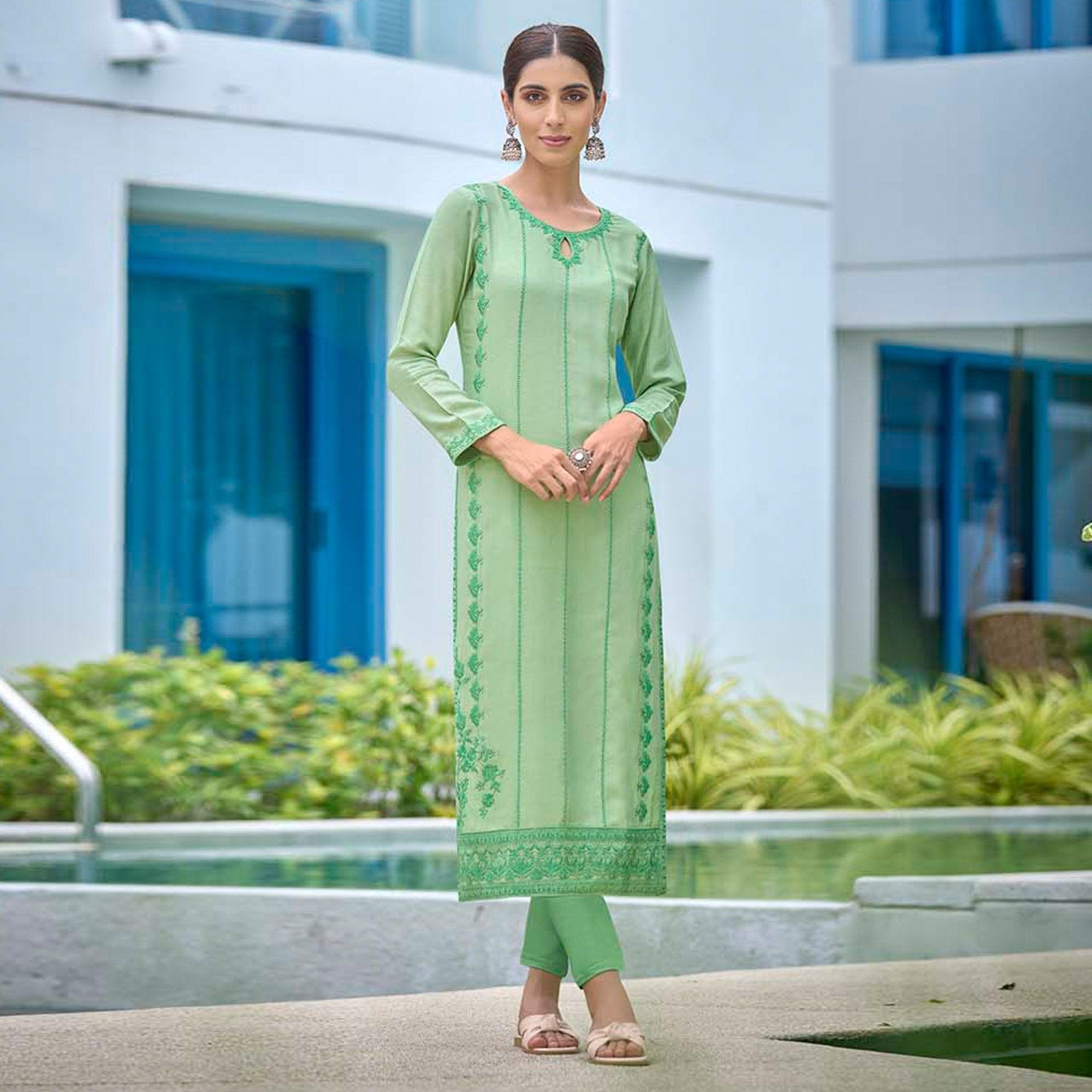 Green Lucknowi Embroidered Rayon Kurti - Peachmode