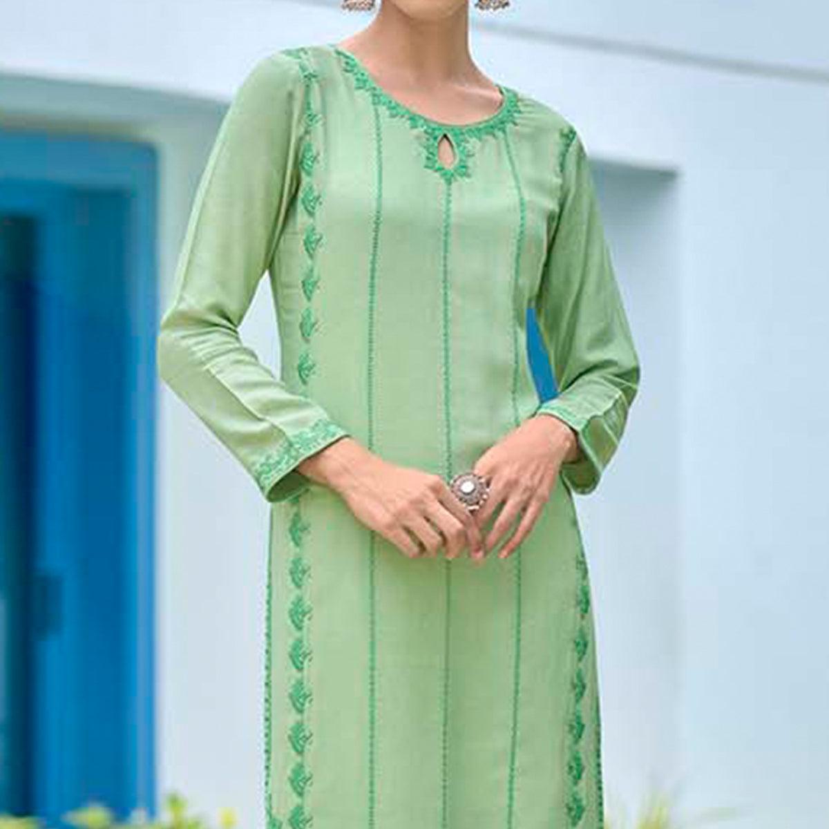 Green Lucknowi Embroidered Rayon Kurti - Peachmode