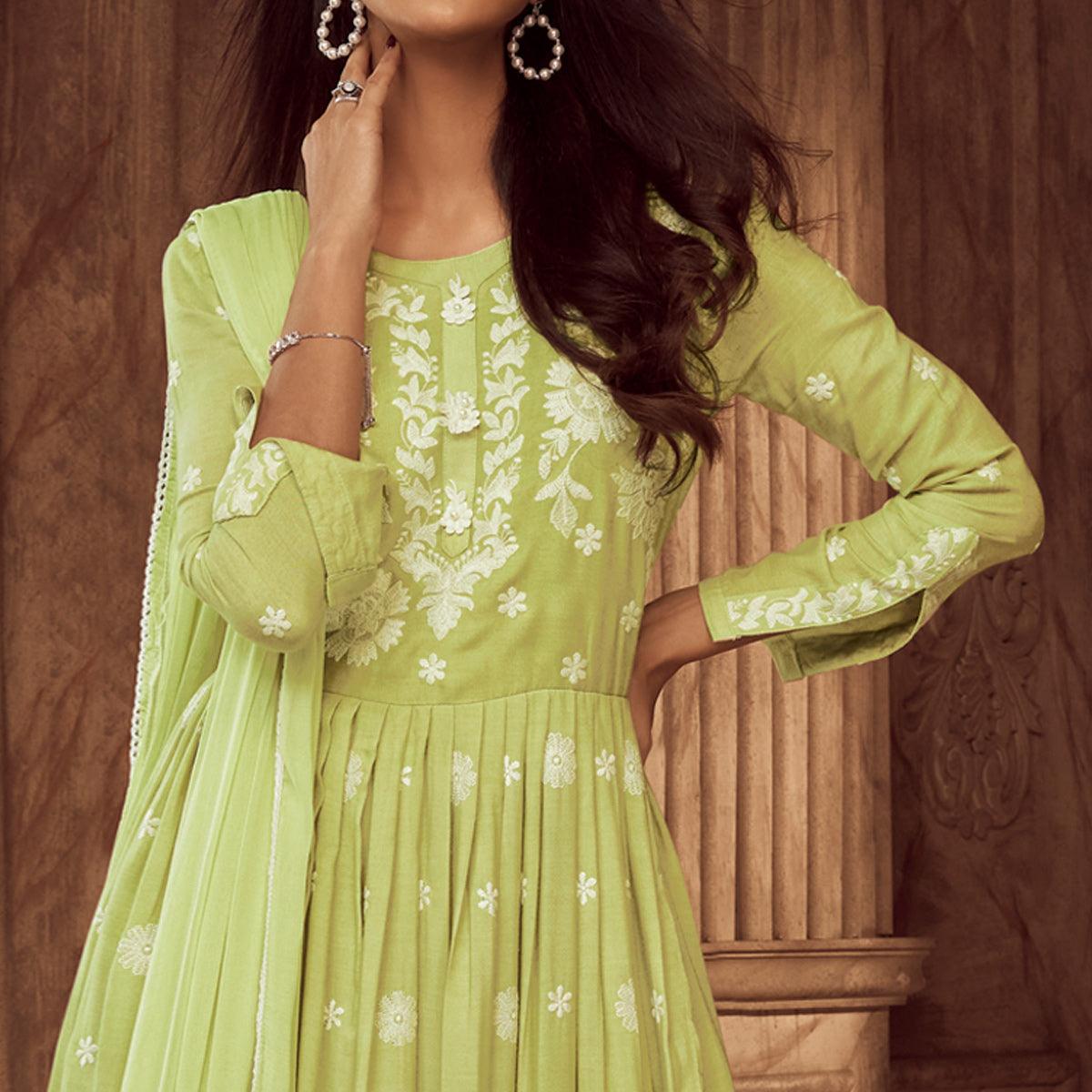 Green Lucknowi Embroidered Rayon Palazzo Suit - Peachmode