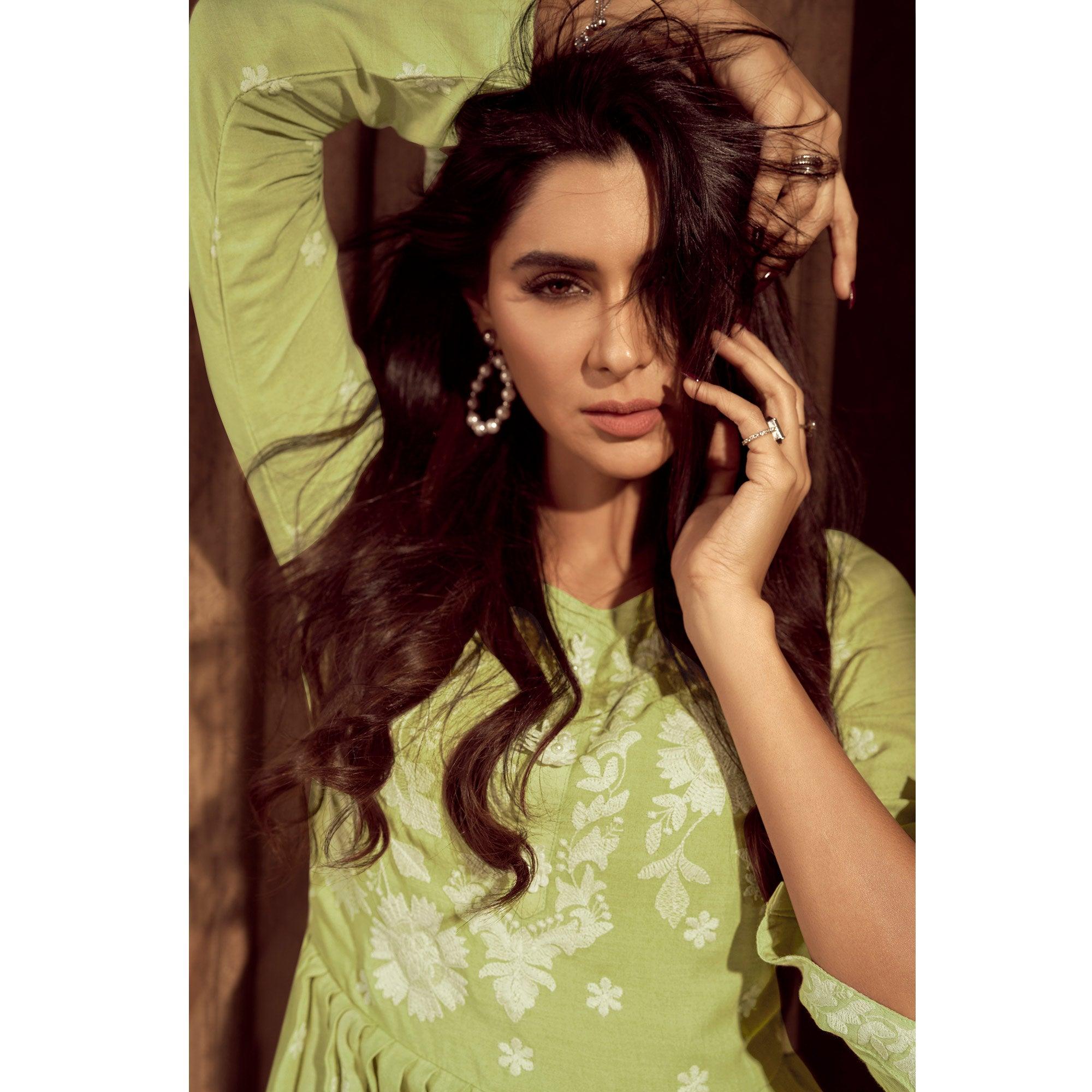 Green Lucknowi Embroidered Rayon Palazzo Suit - Peachmode