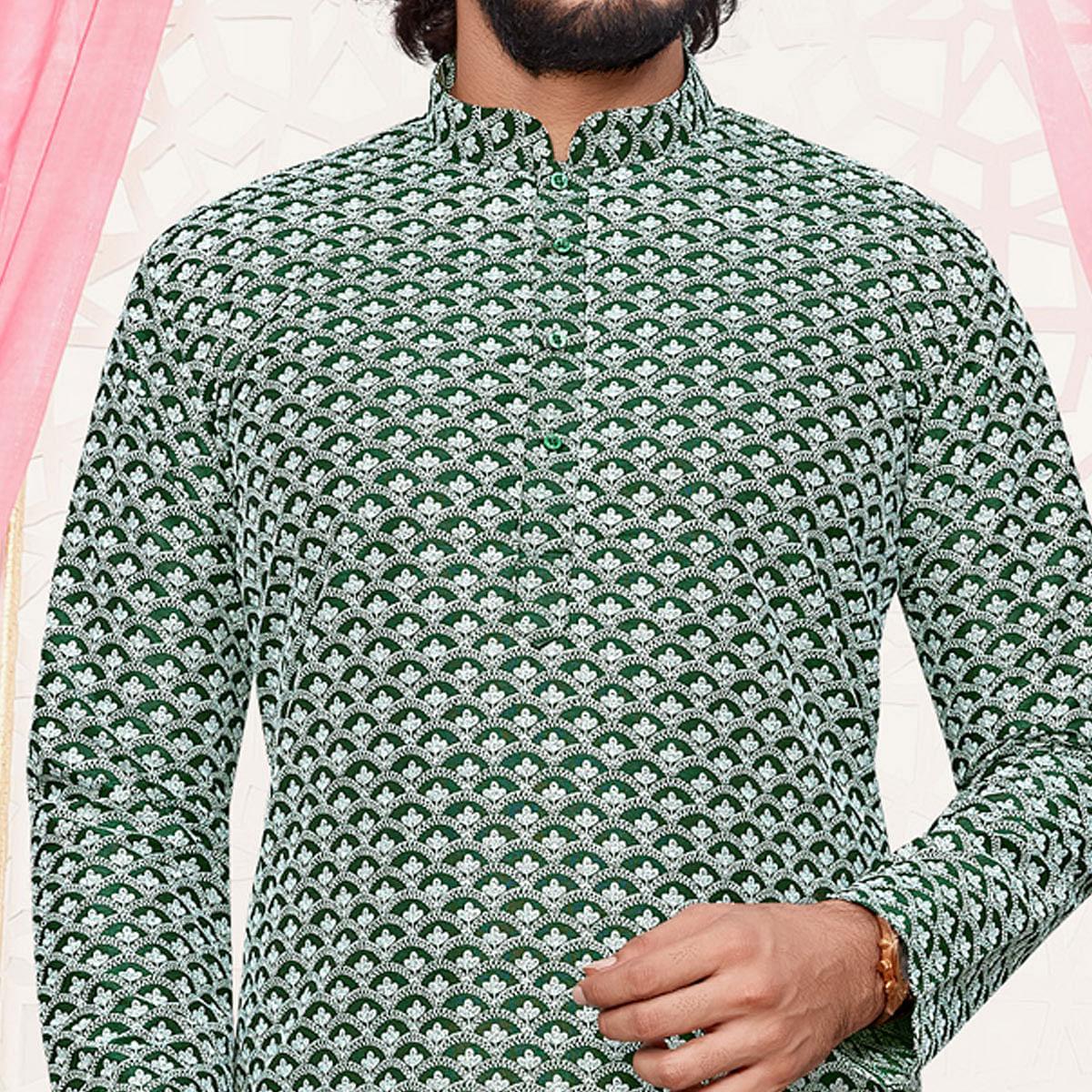Green Lucknowi Work Art Silk Kurta Pyjama Set - Peachmode