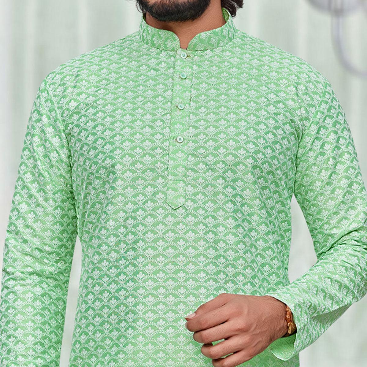 Green Lucknowi Work Art Silk Kurta Pyjama Set - Peachmode