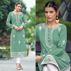 Green Lucknowi Work Rayon Kurti - Peachmode
