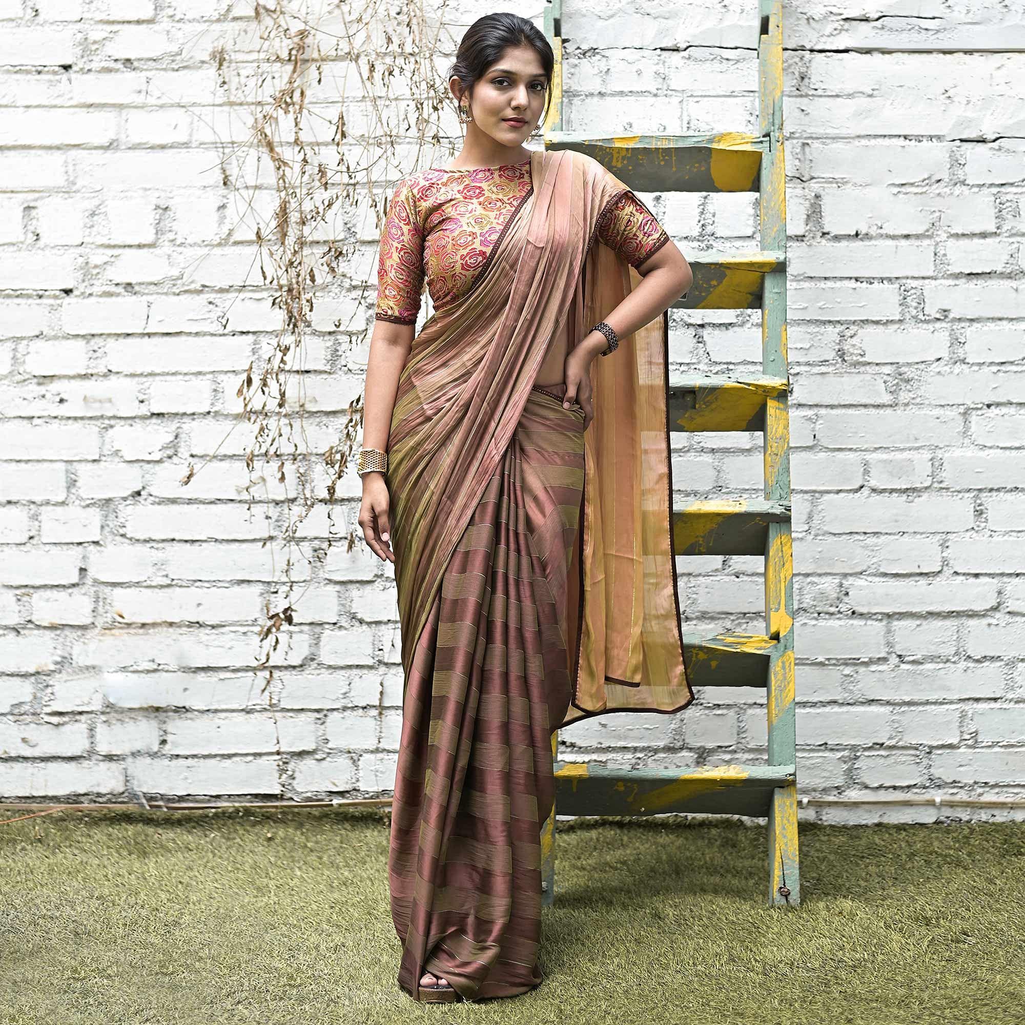 Green-Mauve Stripe Printed Satin Saree - Peachmode