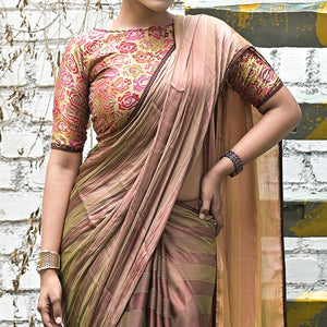 Green-Mauve Stripe Printed Satin Saree - Peachmode