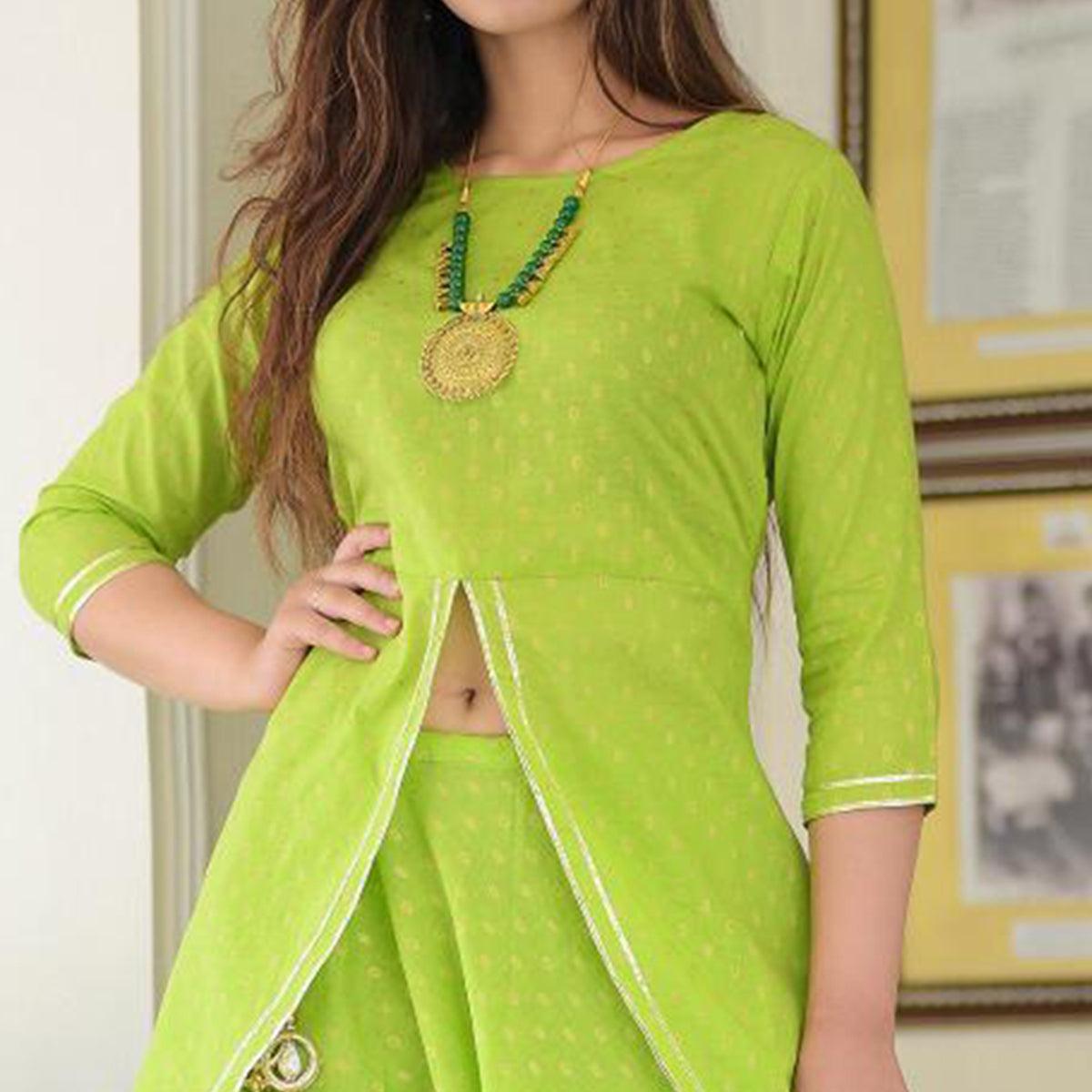 Green Meenakari Woven Pure Cotton Kurti With Skirt - Peachmode