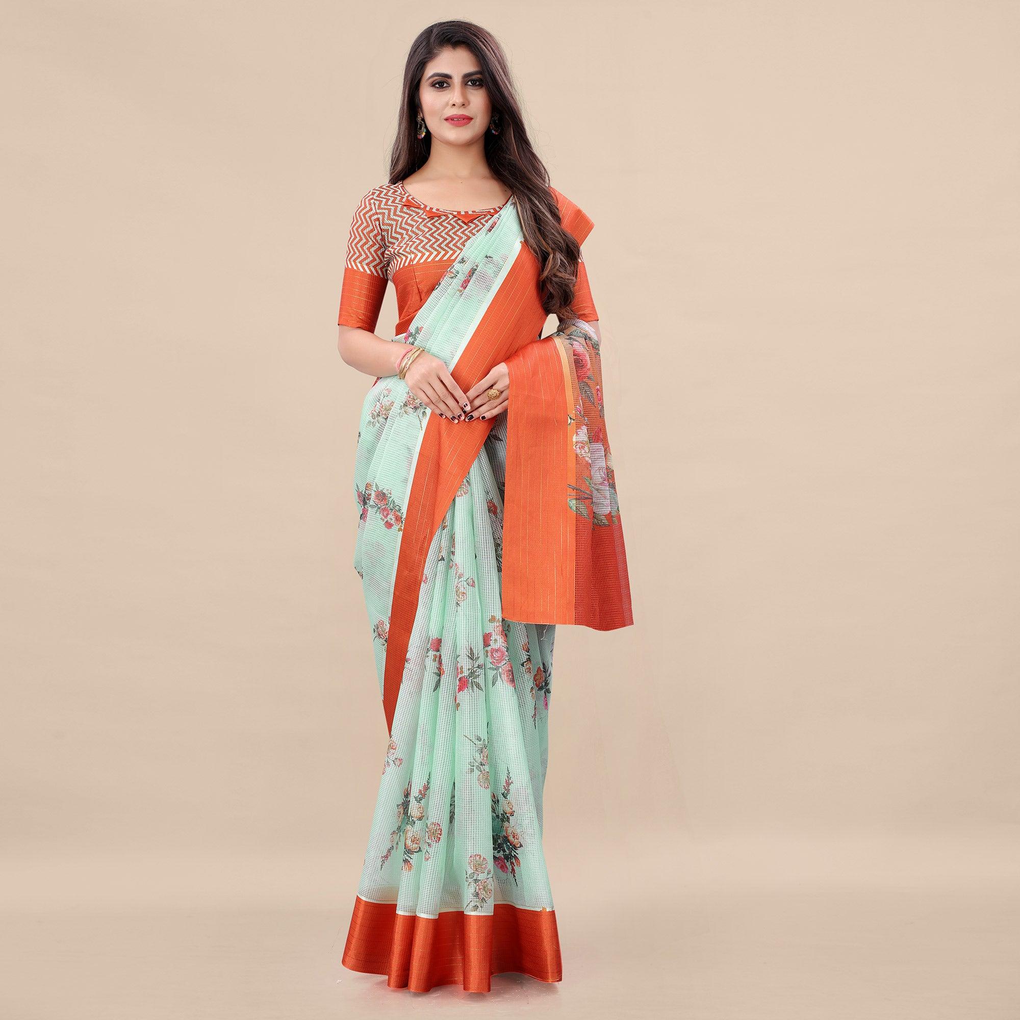 Green - Orange Casual Wear Floral Digital Printed Silk Saree With Woven Border - Peachmode