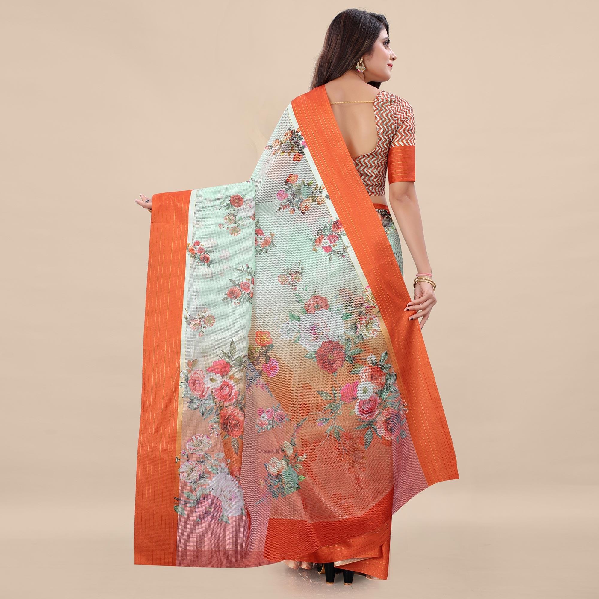 Green - Orange Casual Wear Floral Digital Printed Silk Saree With Woven Border - Peachmode