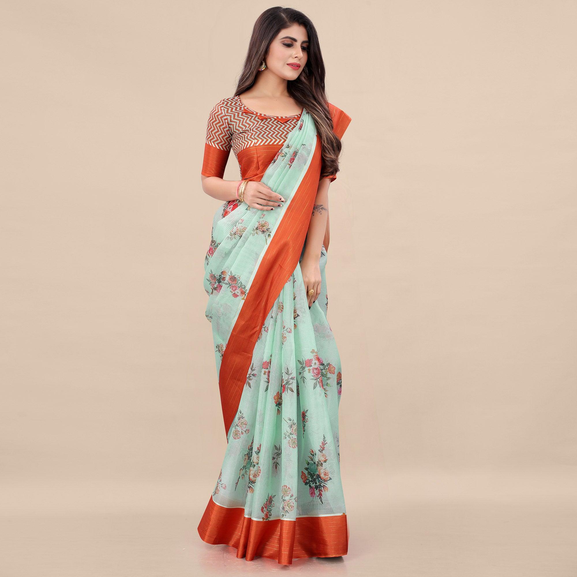 Green - Orange Casual Wear Floral Digital Printed Silk Saree With Woven Border - Peachmode