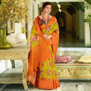 Green - Orange Casual Wear Printed Soft Cotton Saree - Peachmode