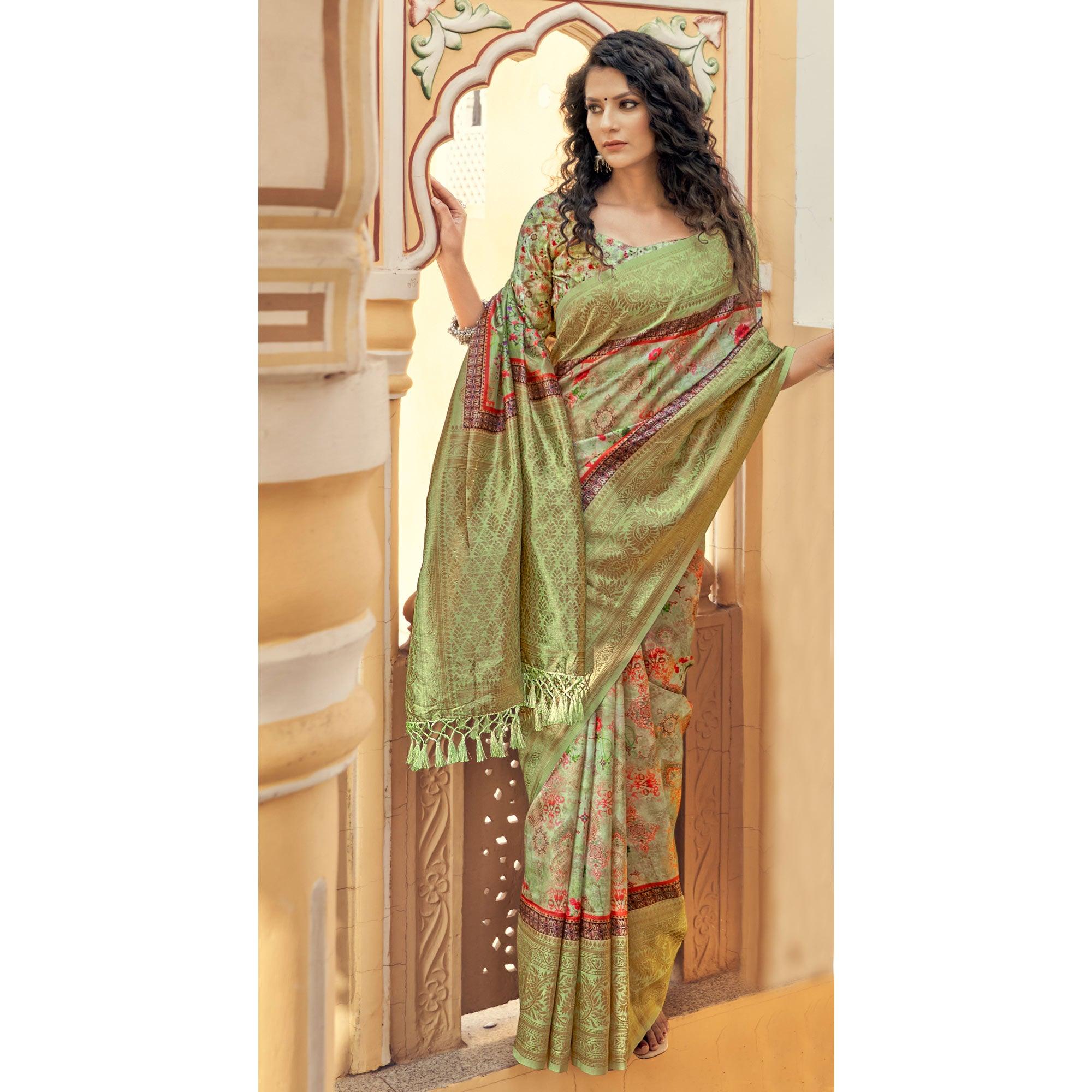 Green Party Wear Digital Print Art Silk Saree With Tassels - Peachmode