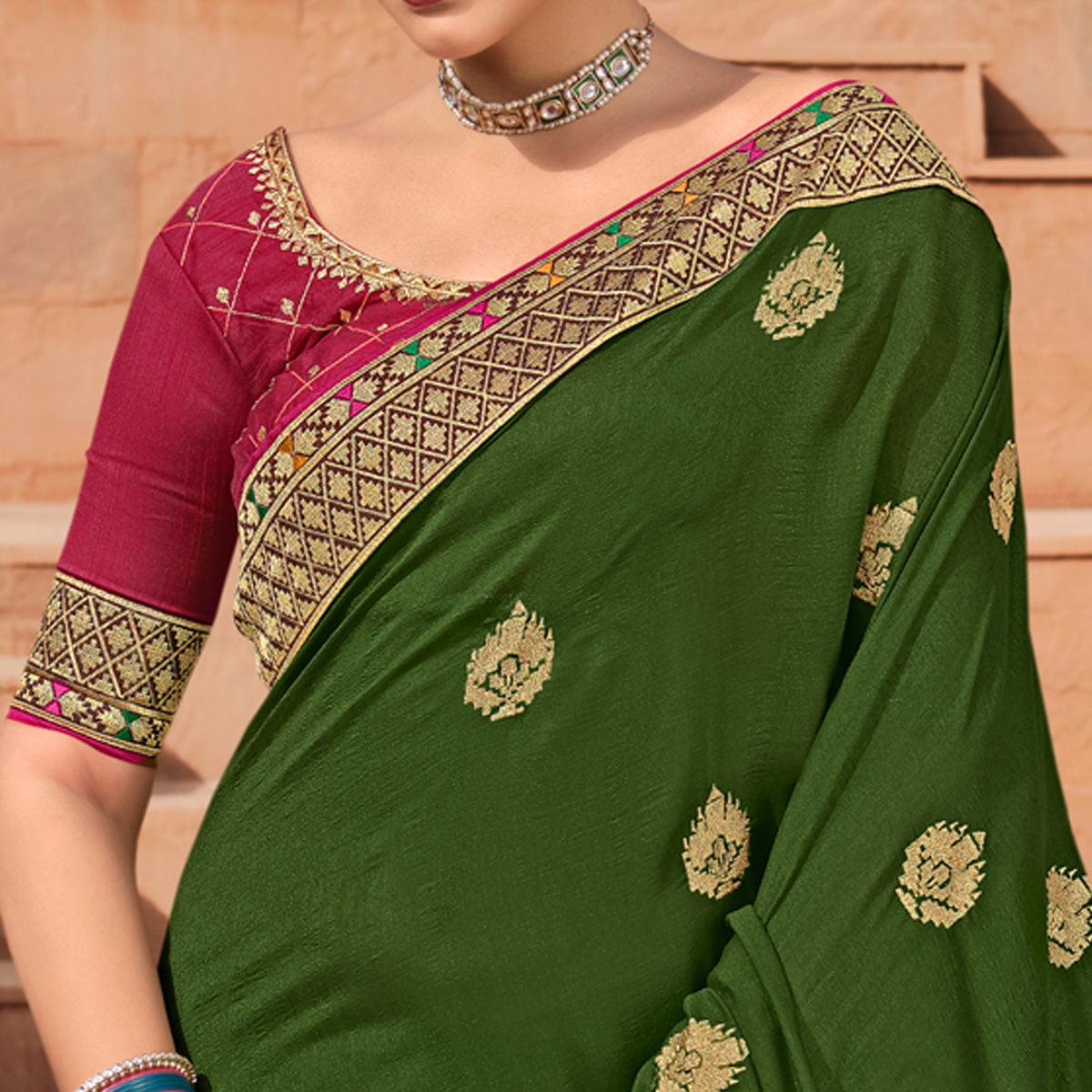 Green Party Wear Embroidered Art Silk Saree - Peachmode