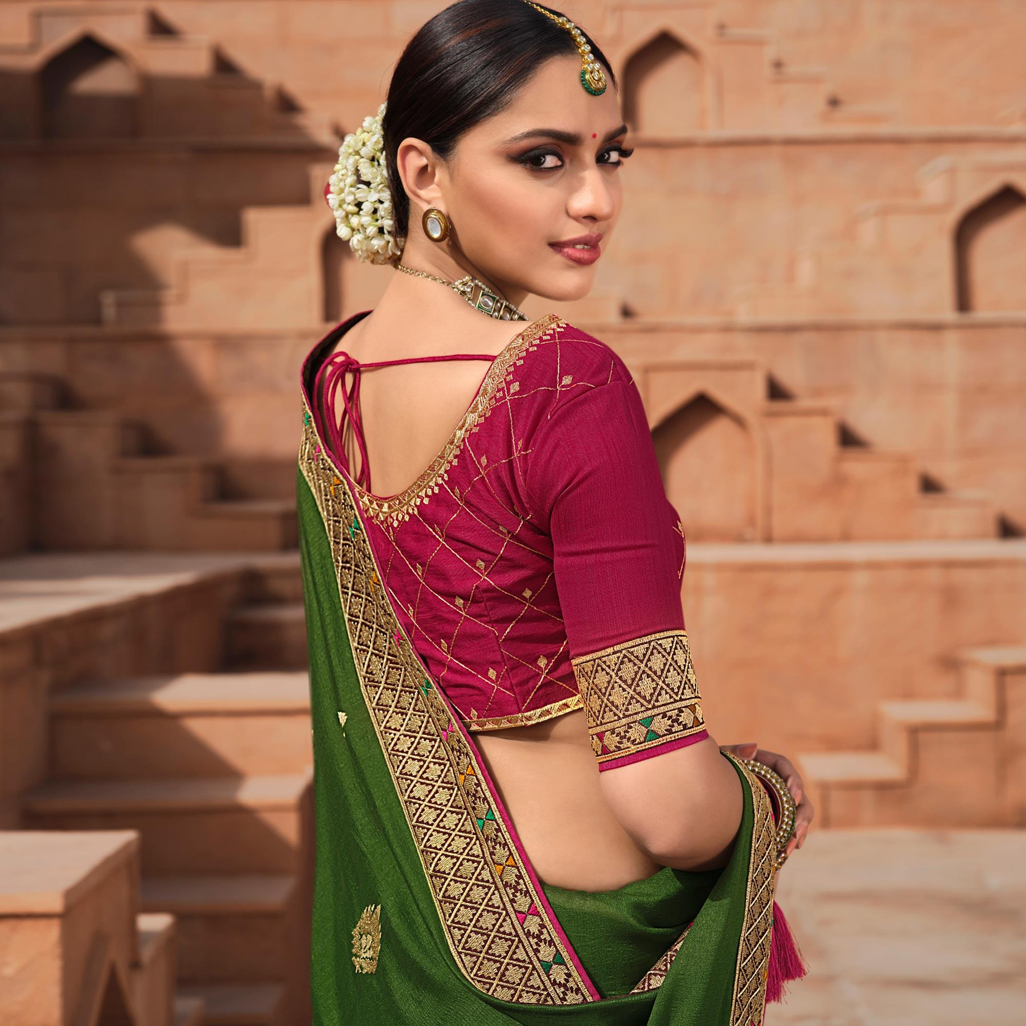 Green Party Wear Embroidered Art Silk Saree - Peachmode