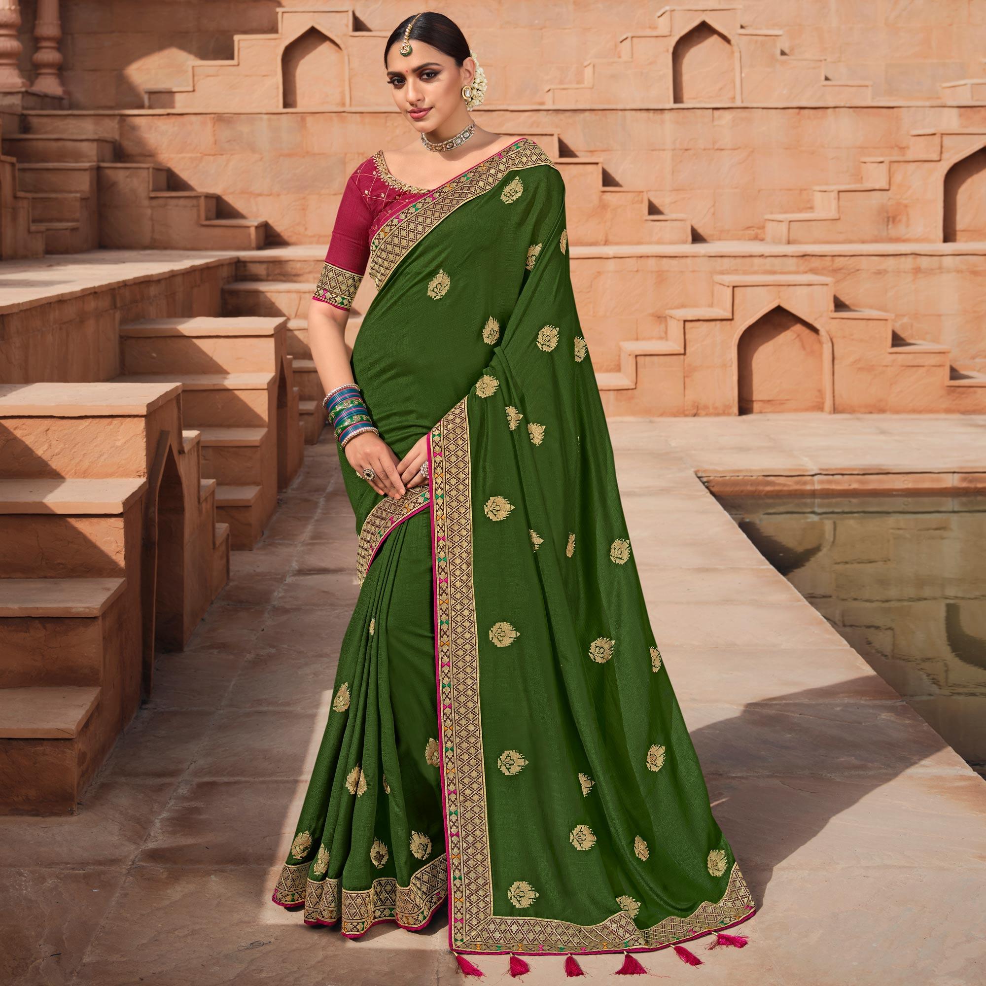 Green Party Wear Embroidered Art Silk Saree - Peachmode