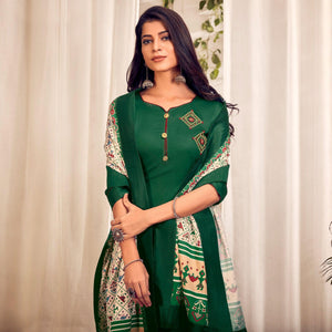 Green Party Wear Embroidered Cotton Kurti Pant Set With Dupatta - Peachmode
