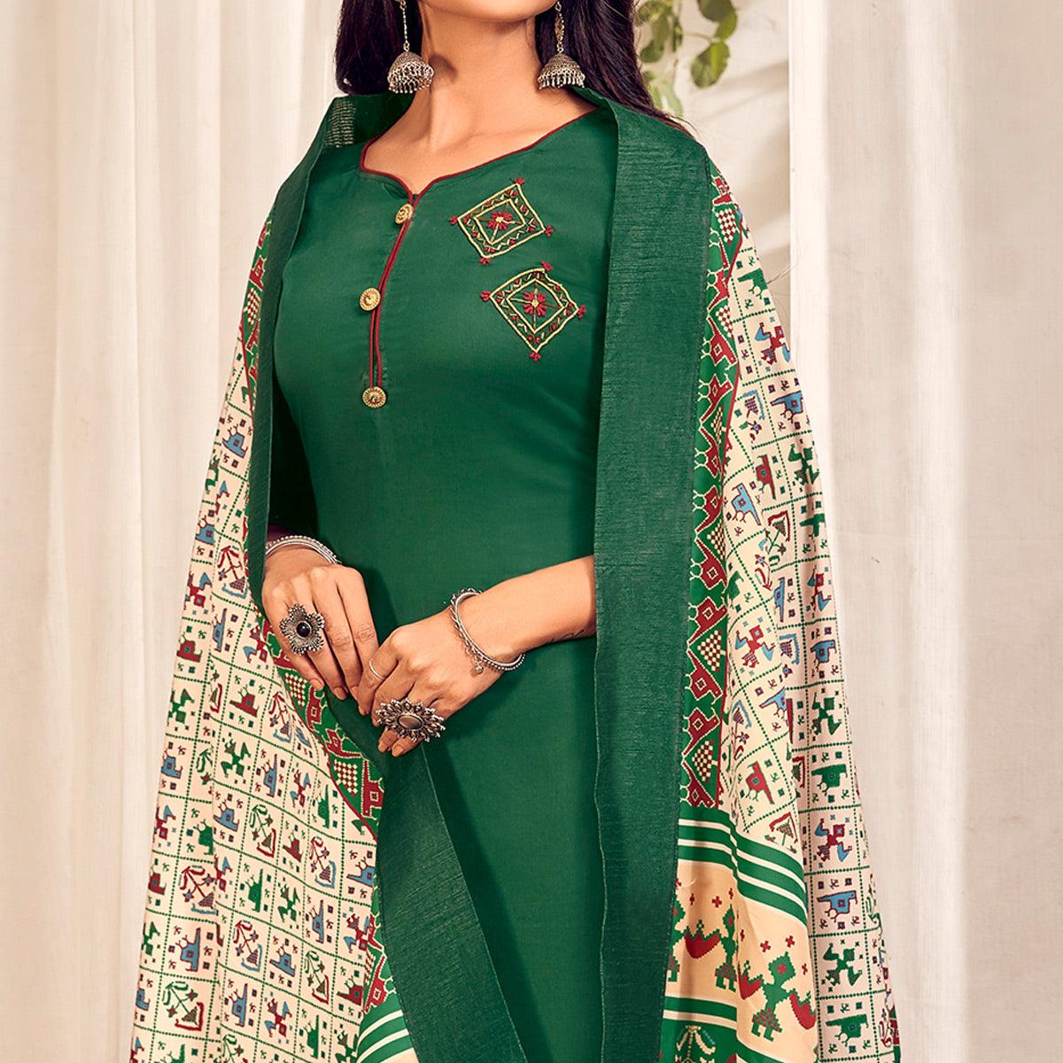 Green Party Wear Embroidered Cotton Kurti Pant Set With Dupatta - Peachmode