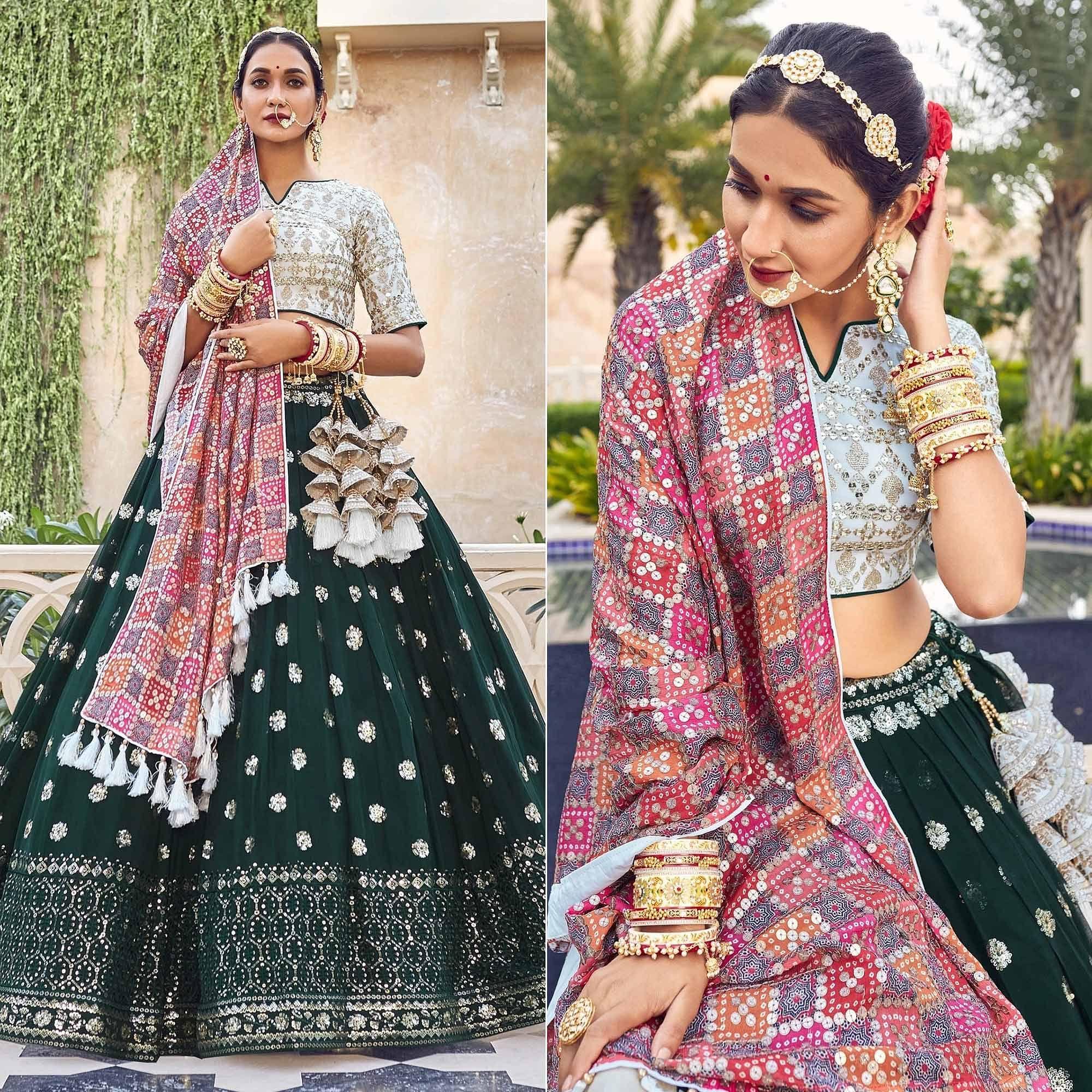 Green Party Wear Embroidered Georgette Lehenga Choli - Peachmode