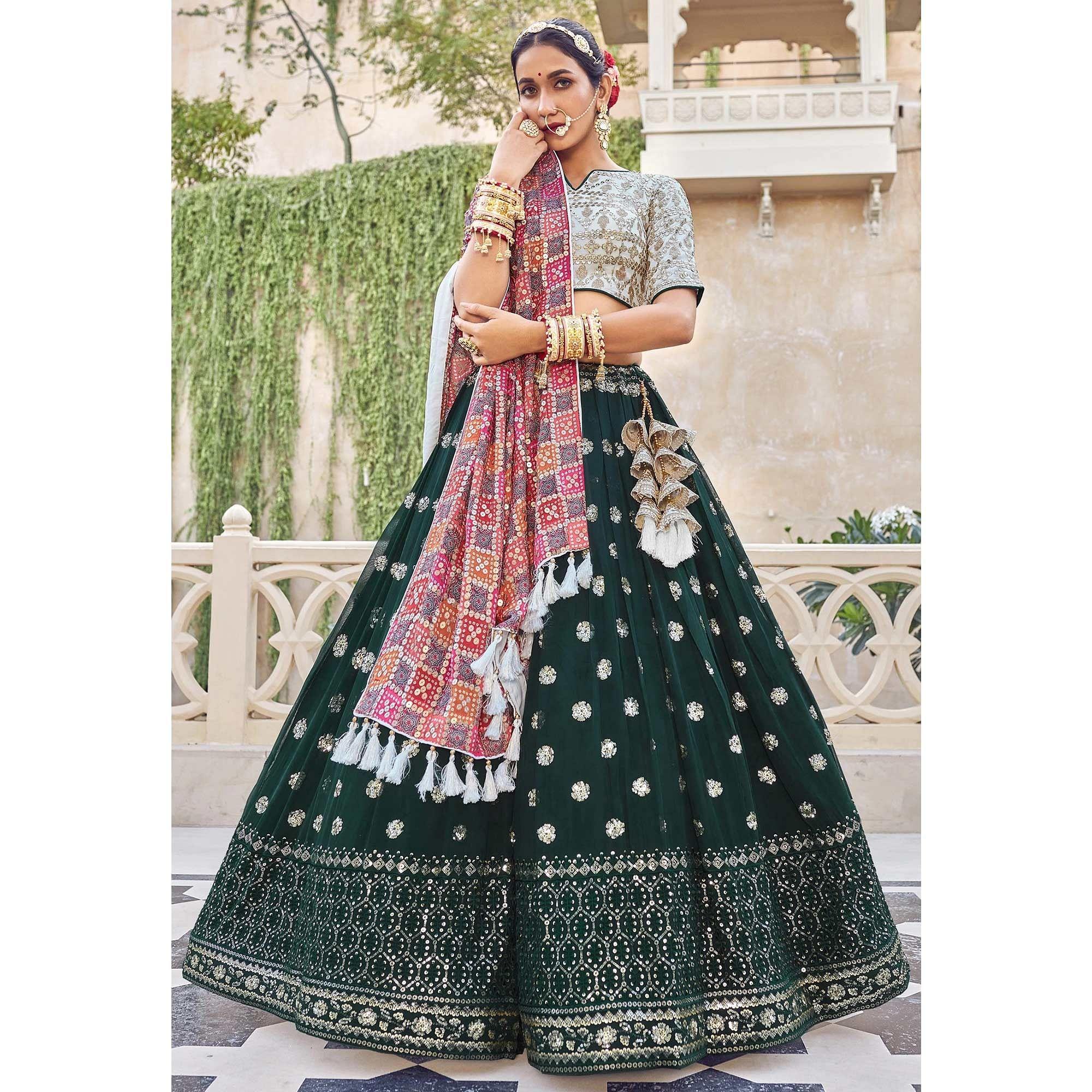 Green Party Wear Embroidered Georgette Lehenga Choli - Peachmode
