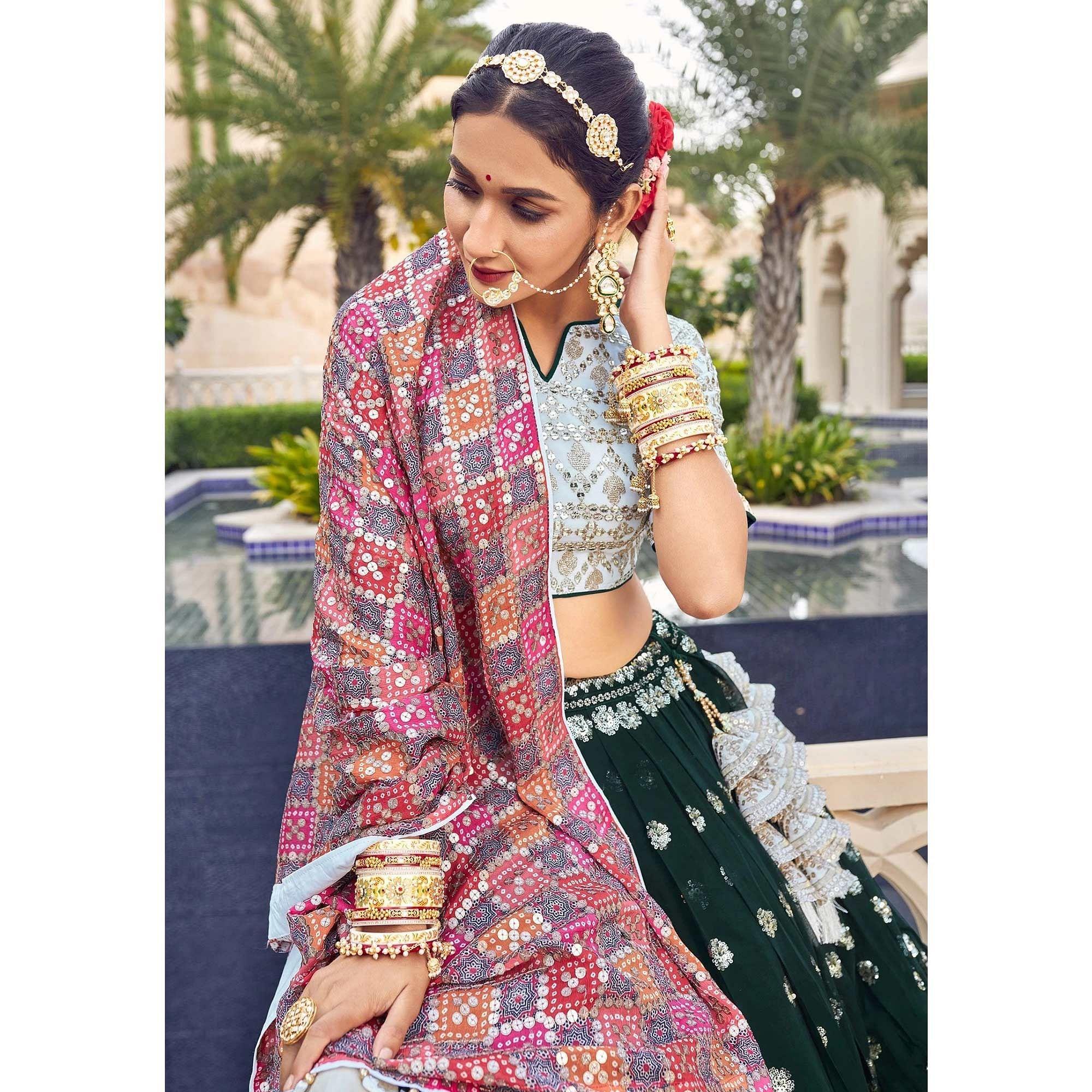 Green Party Wear Embroidered Georgette Lehenga Choli - Peachmode