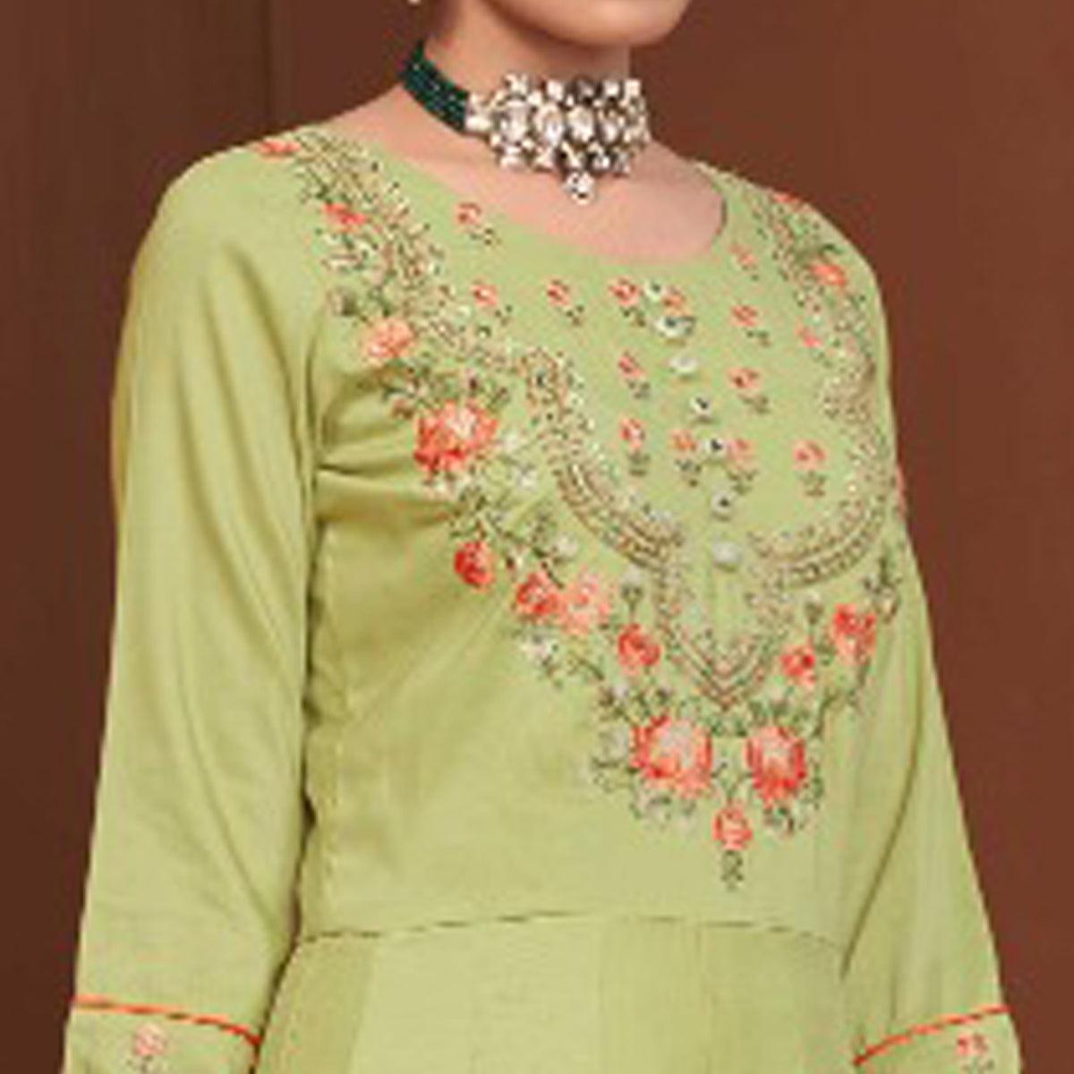 Green Party Wear Embroidered Muslin Cotton Silk Gown - Peachmode